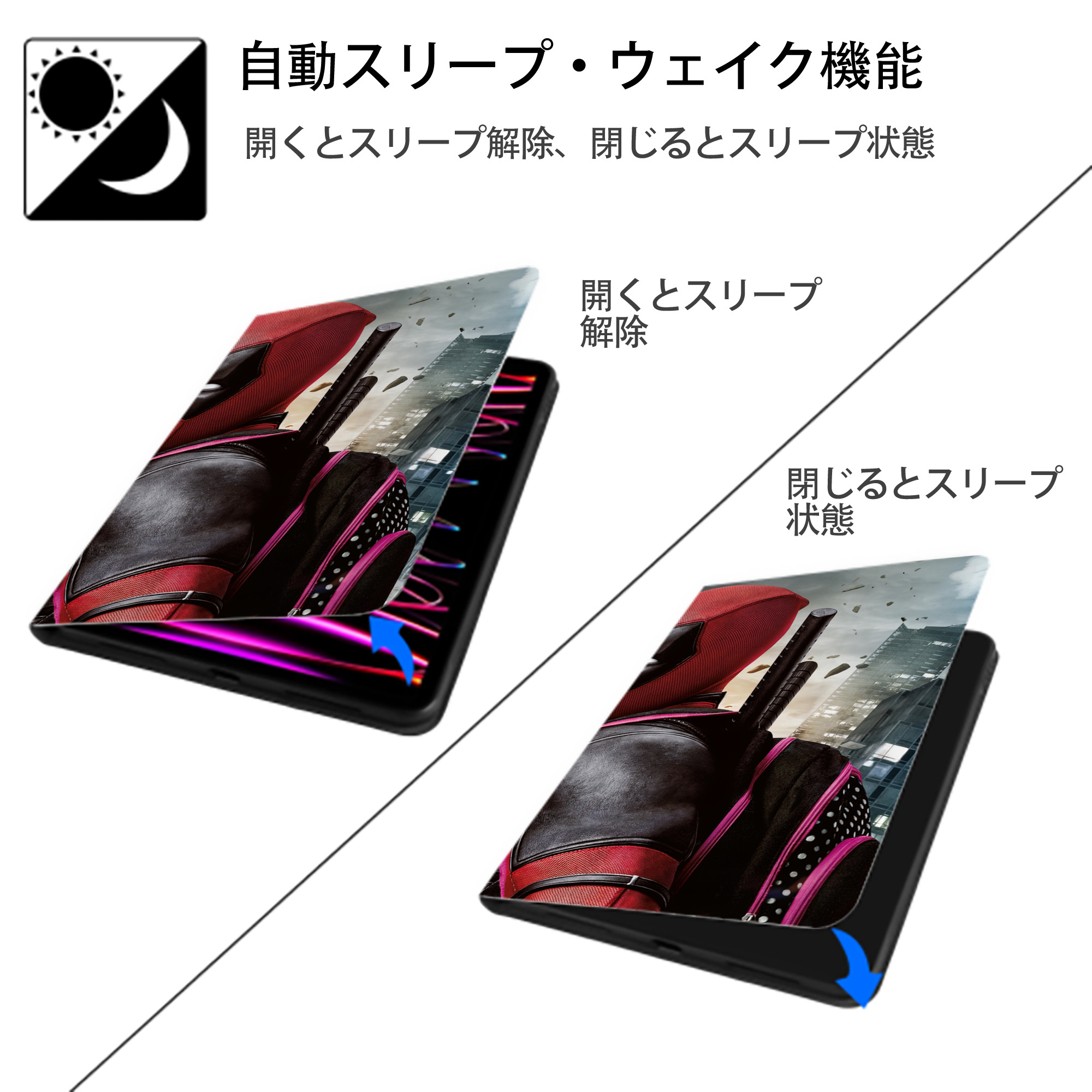Deadpool デッドプール IPad ケース ブック型 PUレザー TPU 耐衝撃 軽量 薄型 ペン収納なし 全面保護 IPad 各モデル対応