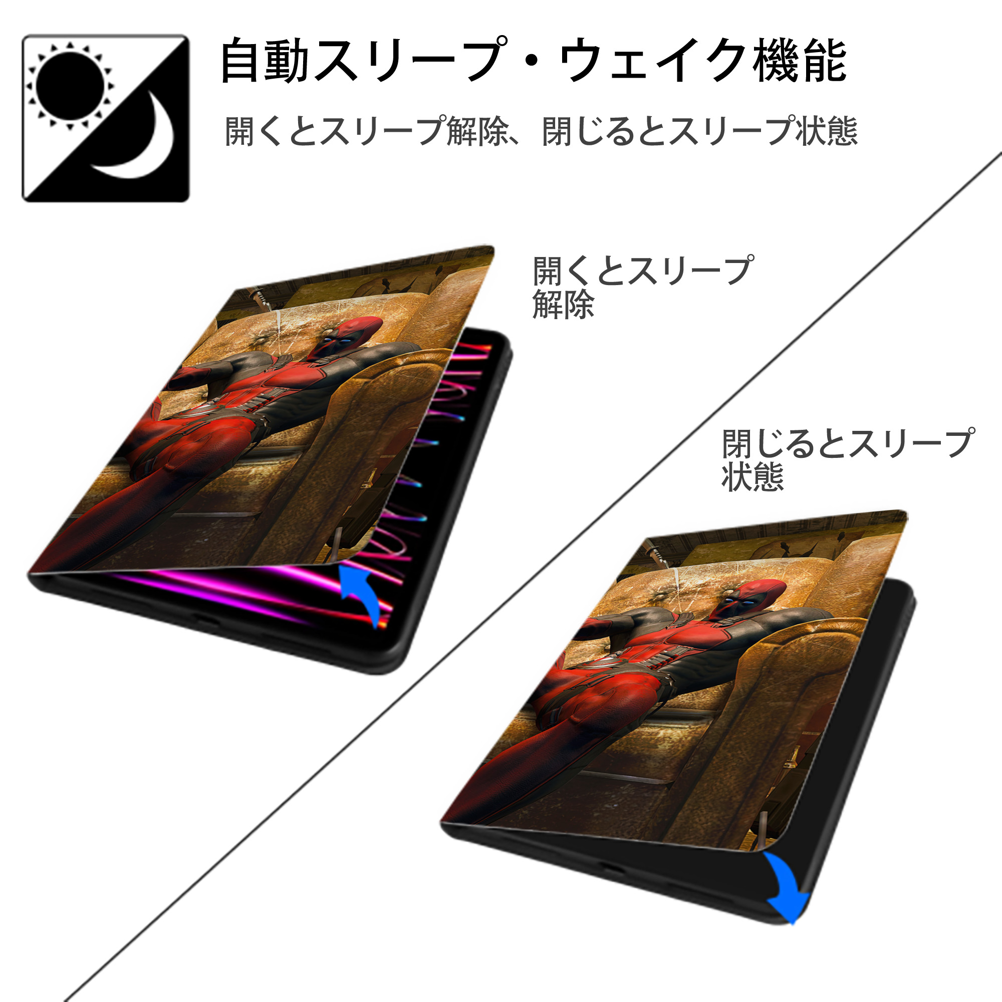 Deadpool デッドプール IPad ケース ブック型 PUレザー TPU 耐衝撃 軽量 薄型 ペン収納なし 全面保護 IPad 各モデル対応
