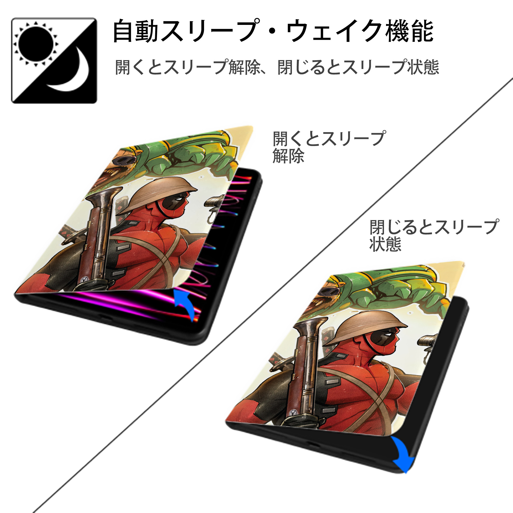 Deadpool デッドプール IPad ケース ブック型 PUレザー TPU 耐衝撃 軽量 薄型 ペン収納なし 全面保護 IPad 各モデル対応