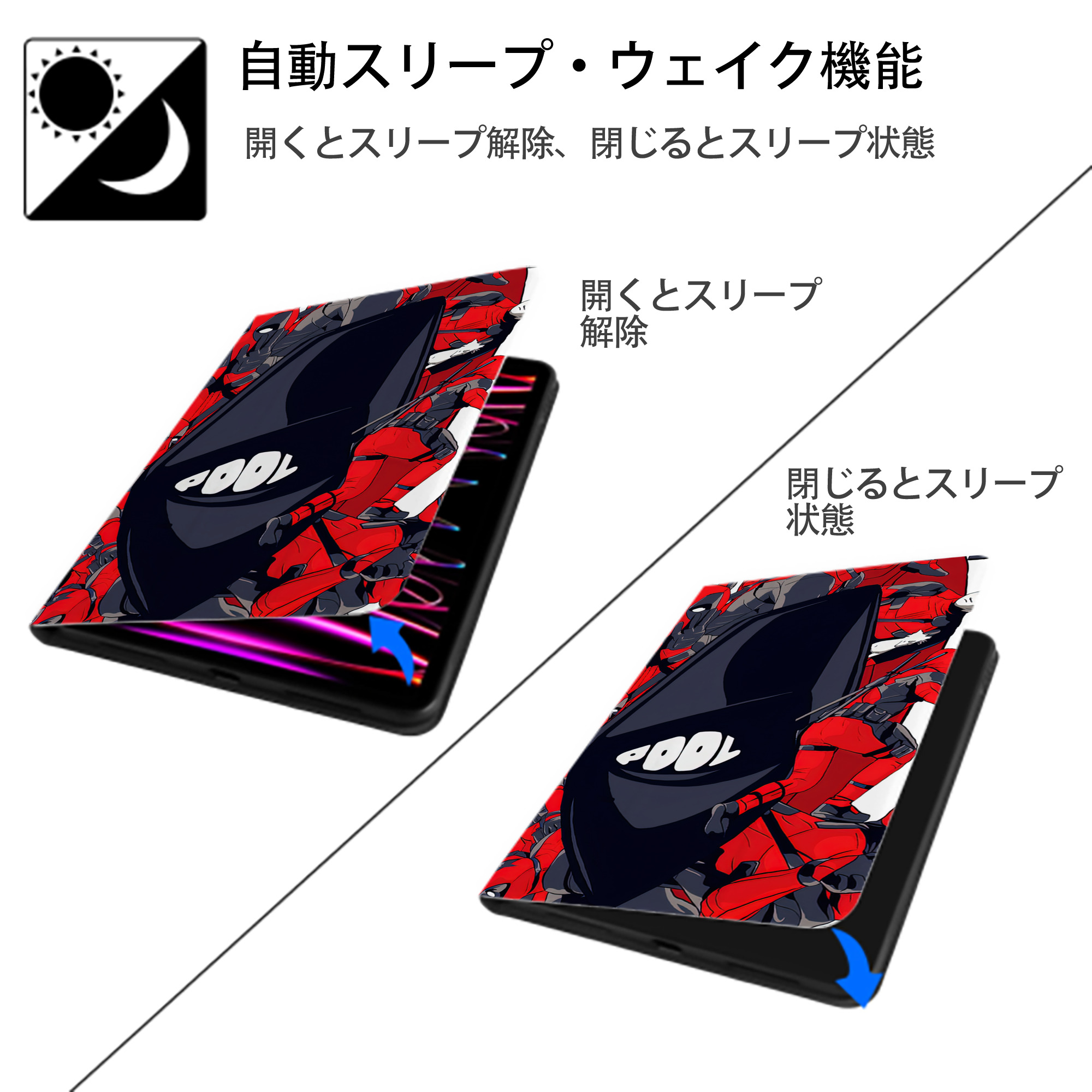 Deadpool デッドプール IPad ケース ブック型 PUレザー TPU 耐衝撃 軽量 薄型 ペン収納なし 全面保護 IPad 各モデル対応