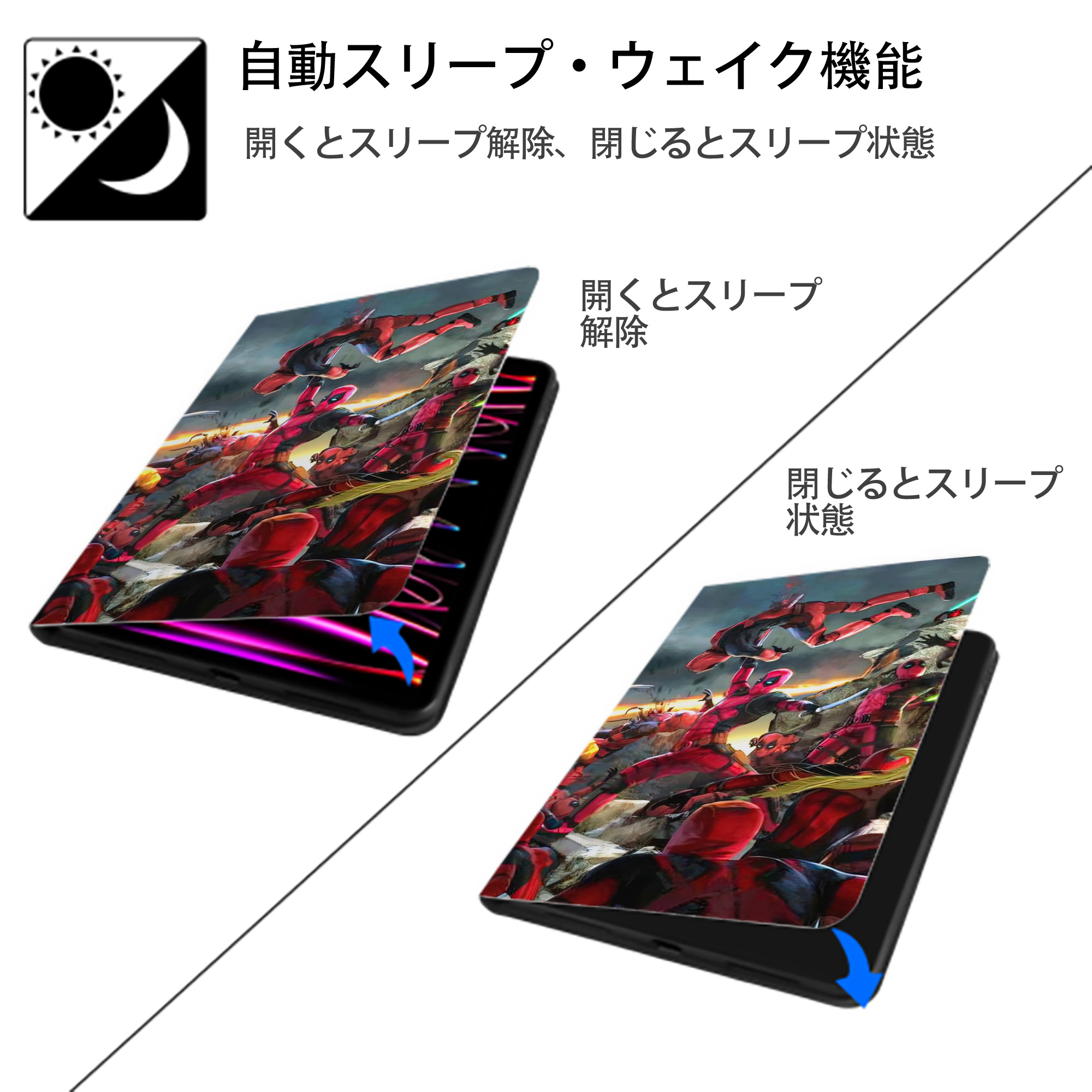 Deadpool デッドプール IPad ケース ブック型 PUレザー TPU 耐衝撃 軽量 薄型 ペン収納なし 全面保護 IPad 各モデル対応