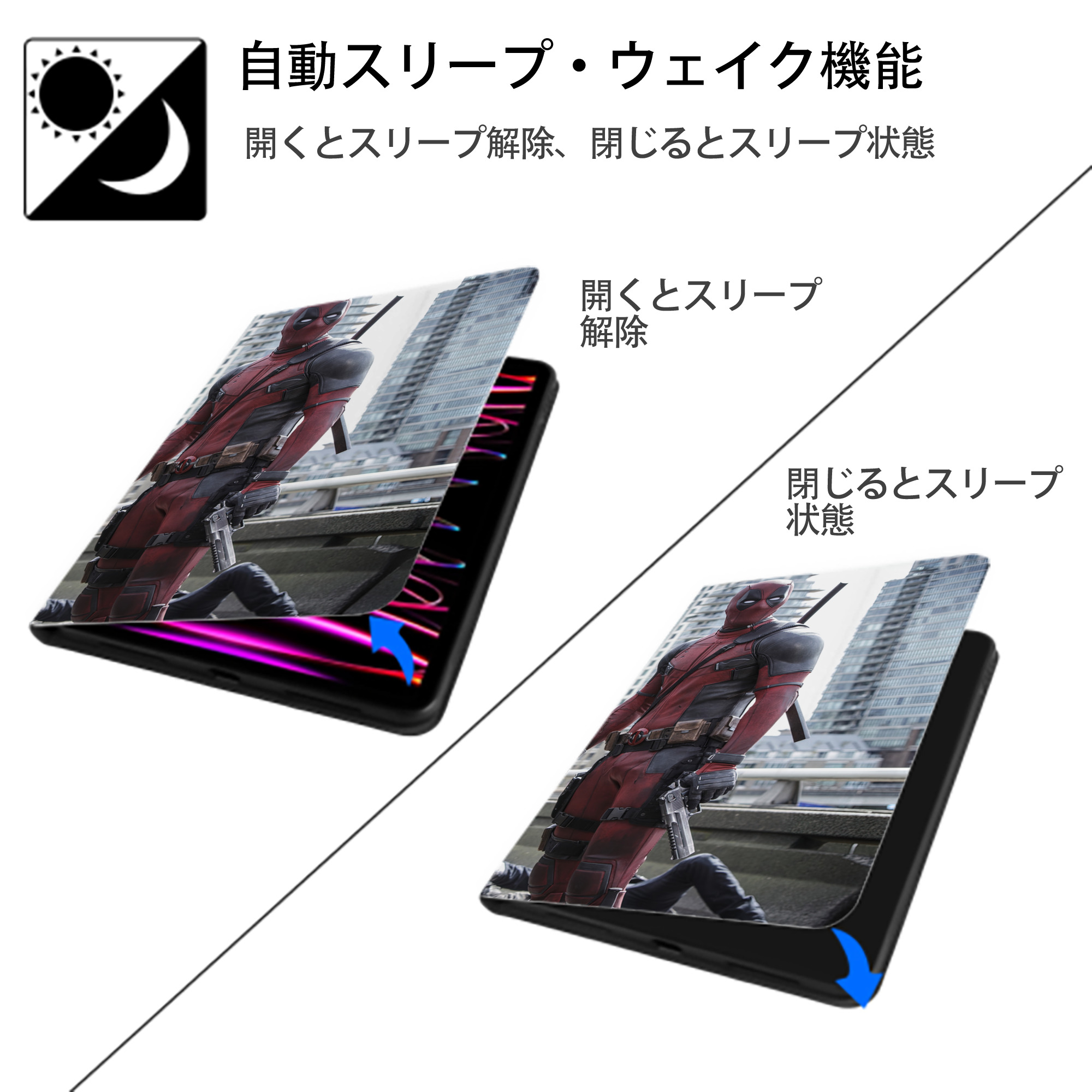 Deadpool デッドプール IPad ケース ブック型 PUレザー TPU 耐衝撃 軽量 薄型 ペン収納なし 全面保護 IPad 各モデル対応