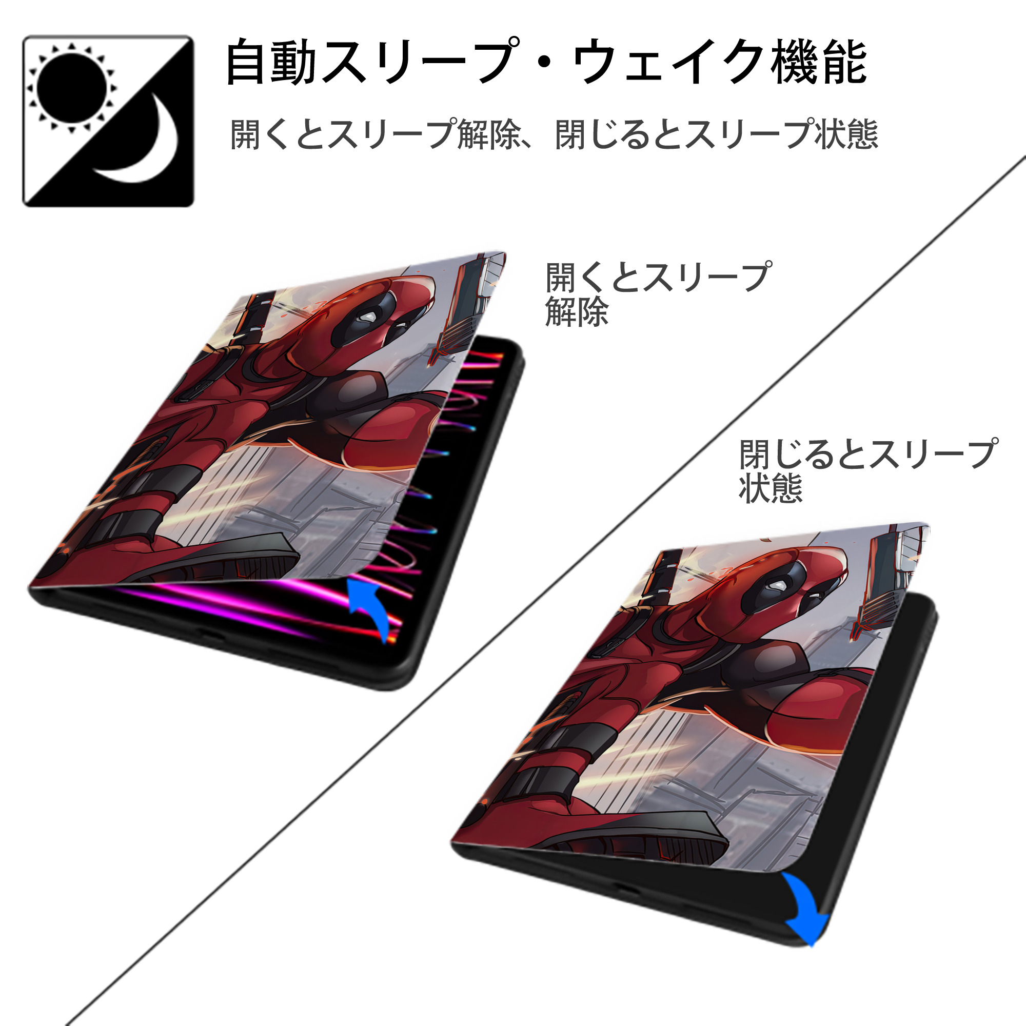 Deadpool デッドプール IPad ケース ブック型 PUレザー TPU 耐衝撃 軽量 薄型 ペン収納なし 全面保護 IPad 各モデル対応