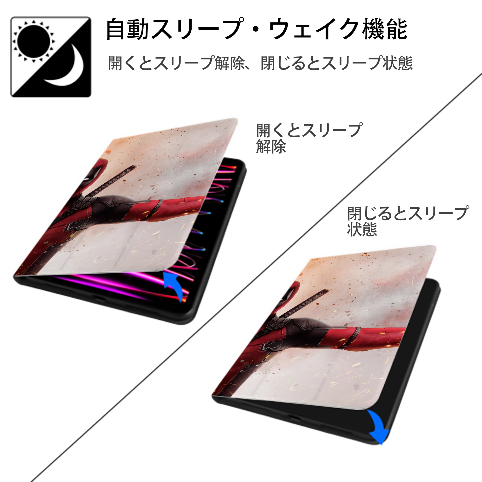 Deadpool デッドプール IPad ケース ブック型 PUレザー TPU 耐衝撃 軽量 薄型 ペン収納なし 全面保護 IPad 各モデル対応
