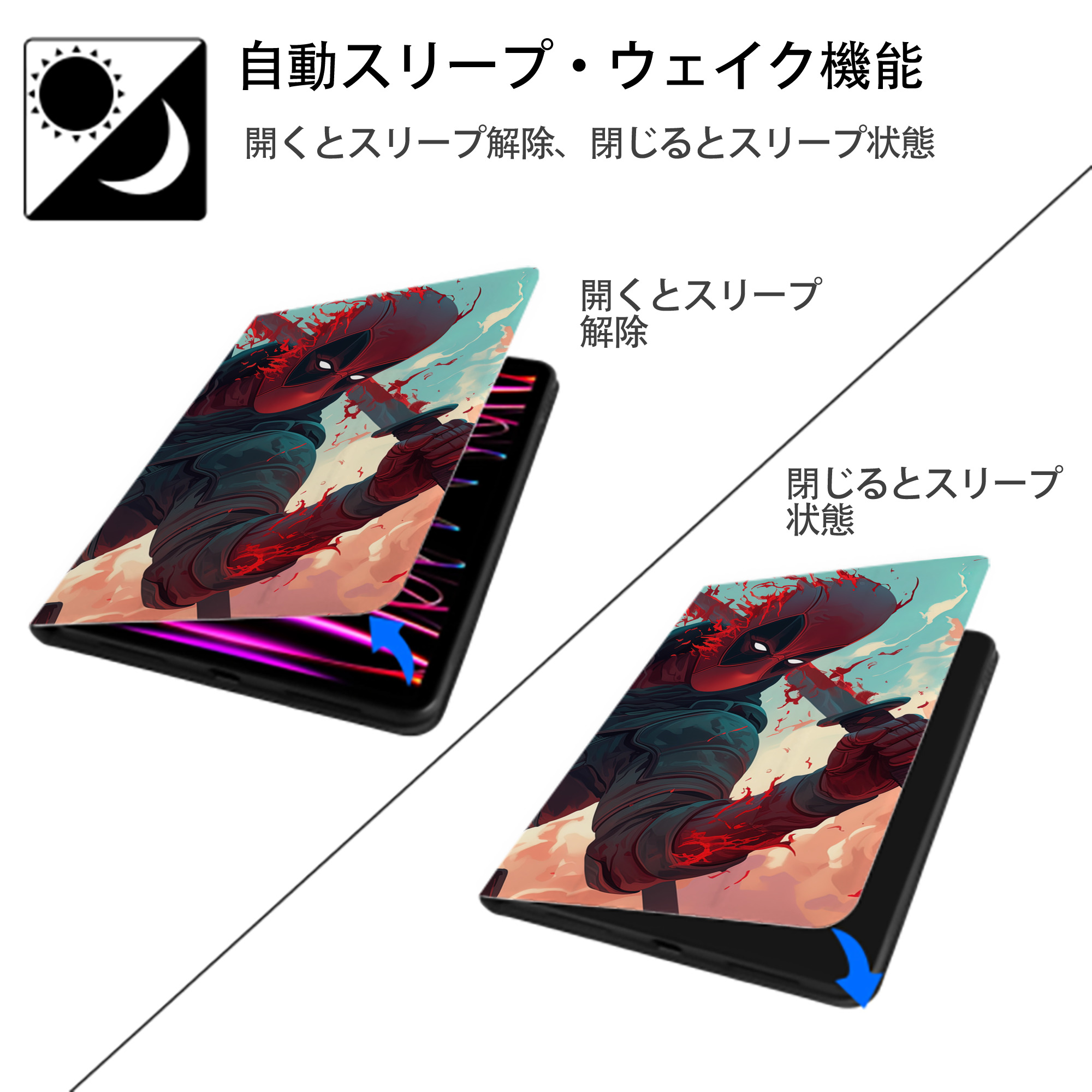 Deadpool デッドプール IPad ケース ブック型 PUレザー TPU 耐衝撃 軽量 薄型 ペン収納なし 全面保護 IPad 各モデル対応