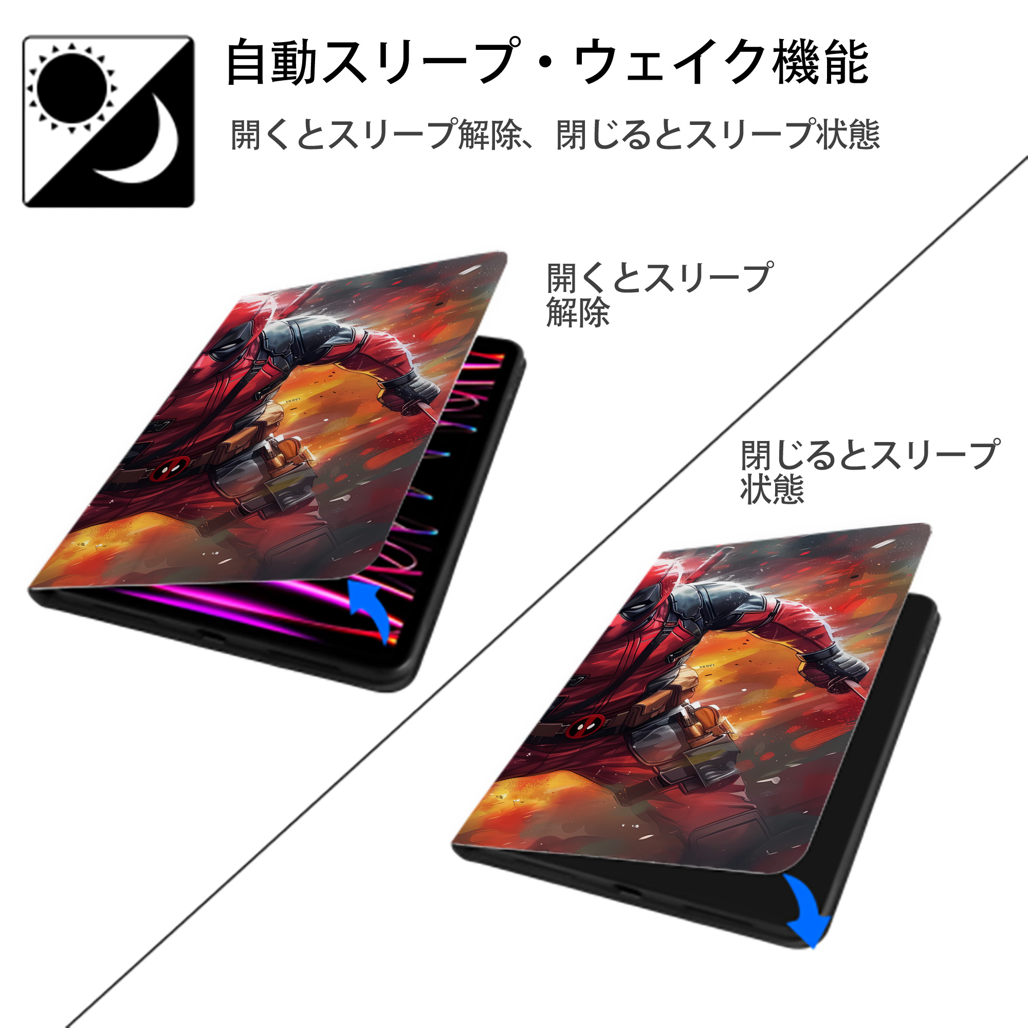 Deadpool デッドプール IPad ケース ブック型 PUレザー TPU 耐衝撃 軽量 薄型 ペン収納なし 全面保護 IPad 各モデル対応