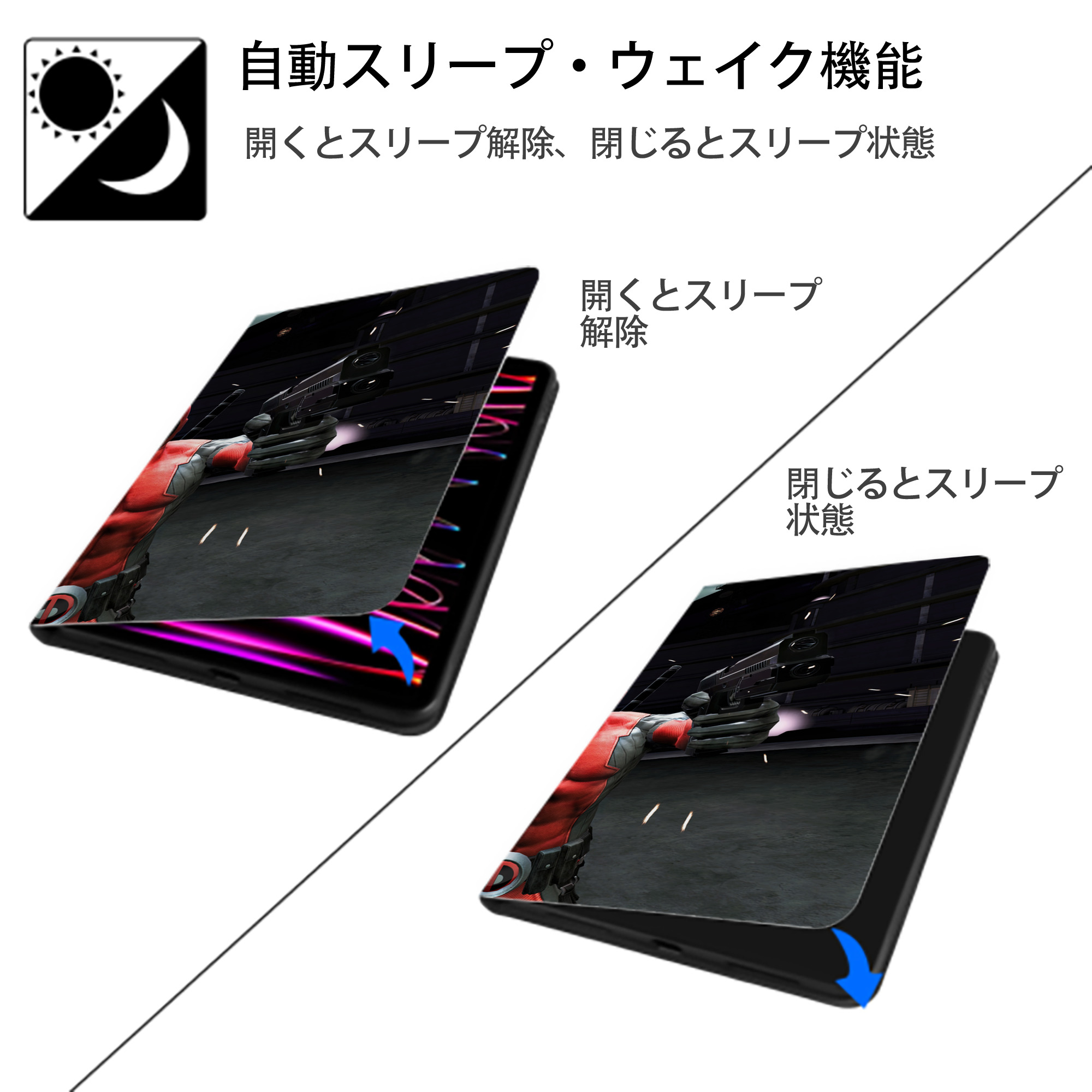 Deadpool デッドプール IPad ケース ブック型 PUレザー TPU 耐衝撃 軽量 薄型 ペン収納なし 全面保護 IPad 各モデル対応