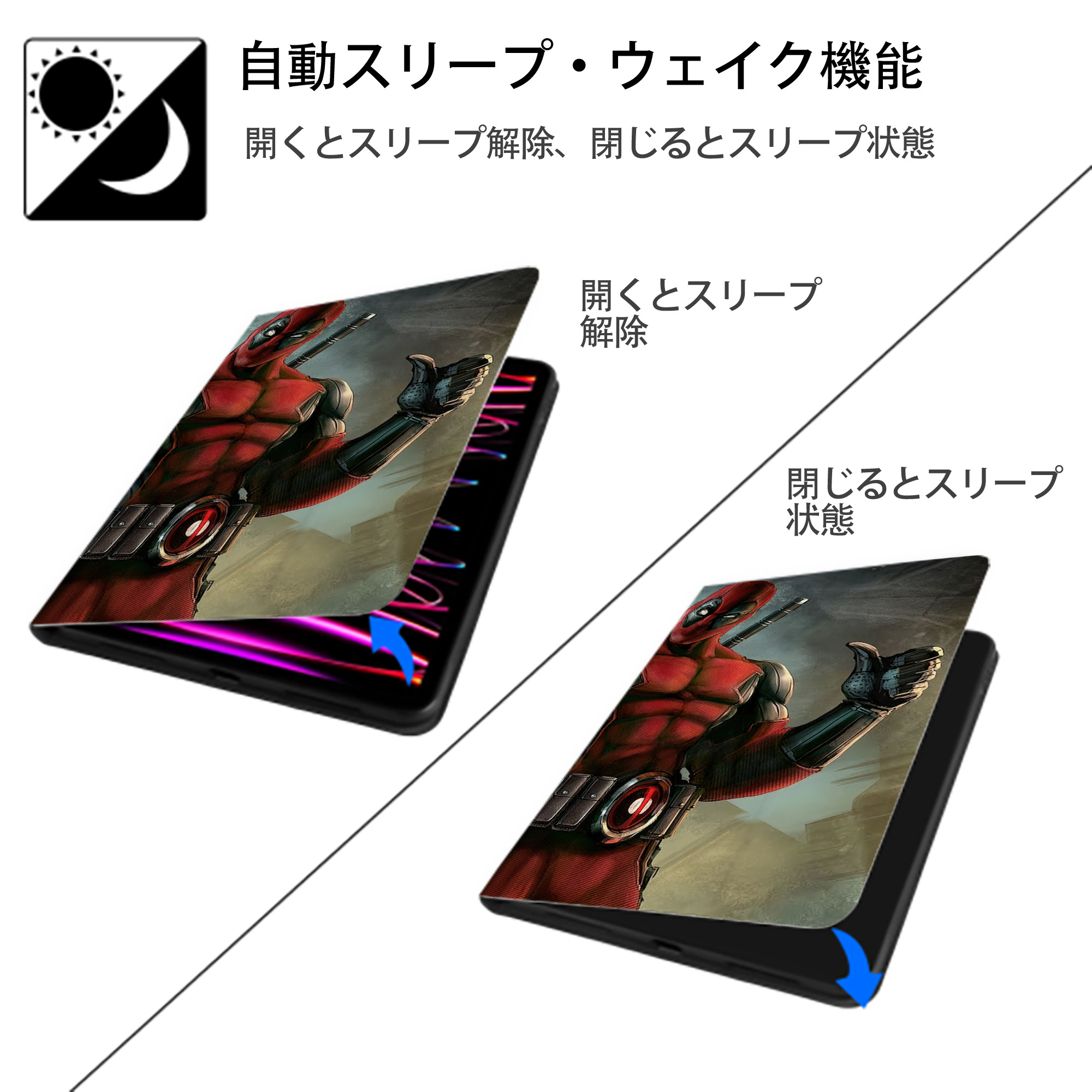 Deadpool デッドプール IPad ケース ブック型 PUレザー TPU 耐衝撃 軽量 薄型 ペン収納なし 全面保護 IPad 各モデル対応