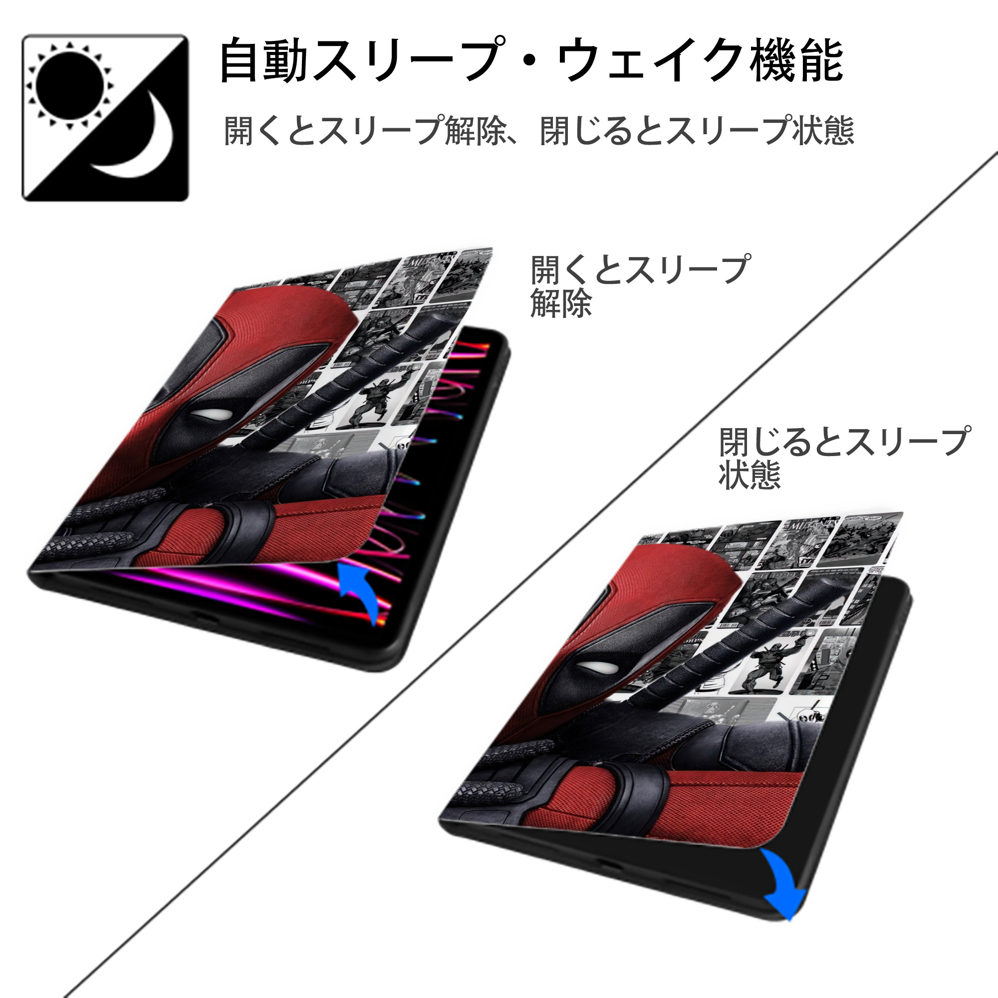 Deadpool デッドプール IPad ケース ブック型 PUレザー TPU 耐衝撃 軽量 薄型 ペン収納なし 全面保護 IPad 各モデル対応
