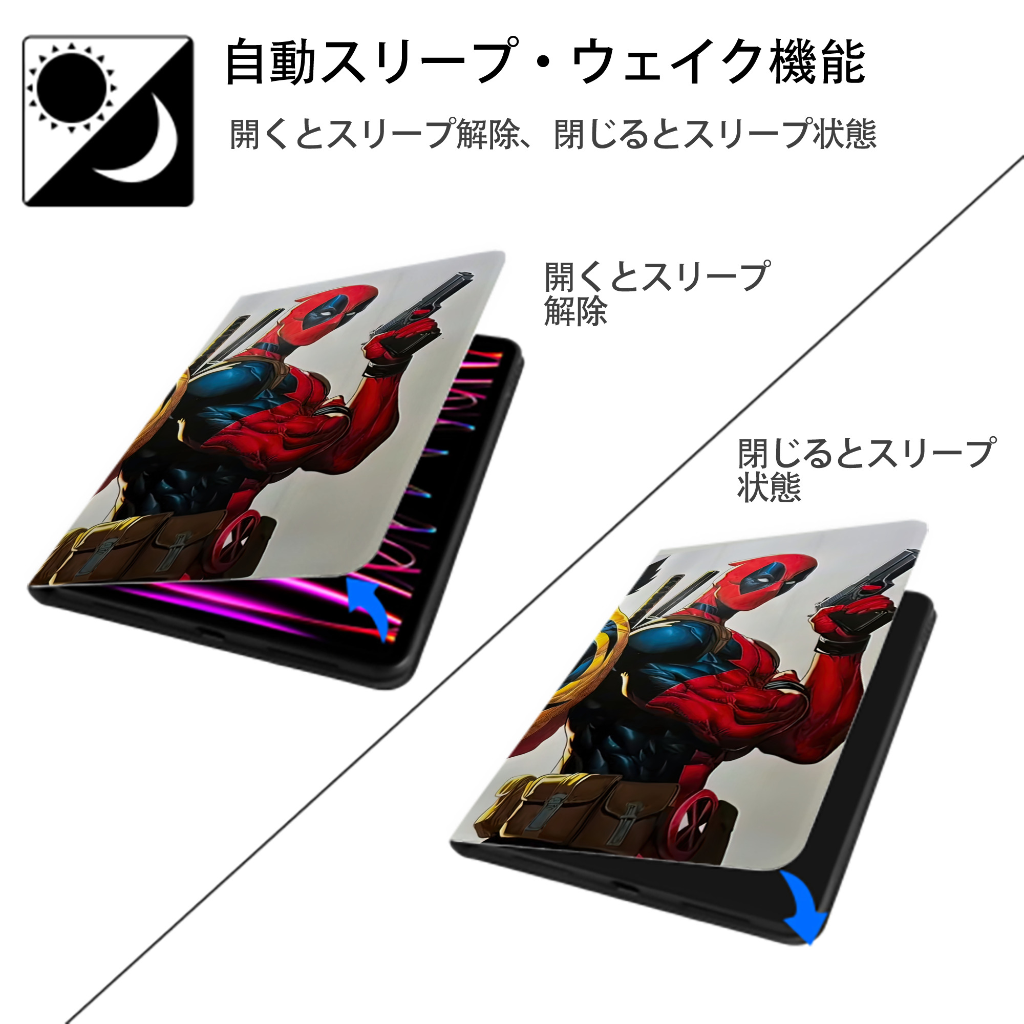 Deadpool デッドプール IPad ケース ブック型 PUレザー TPU 耐衝撃 軽量 薄型 ペン収納なし 全面保護 IPad 各モデル対応
