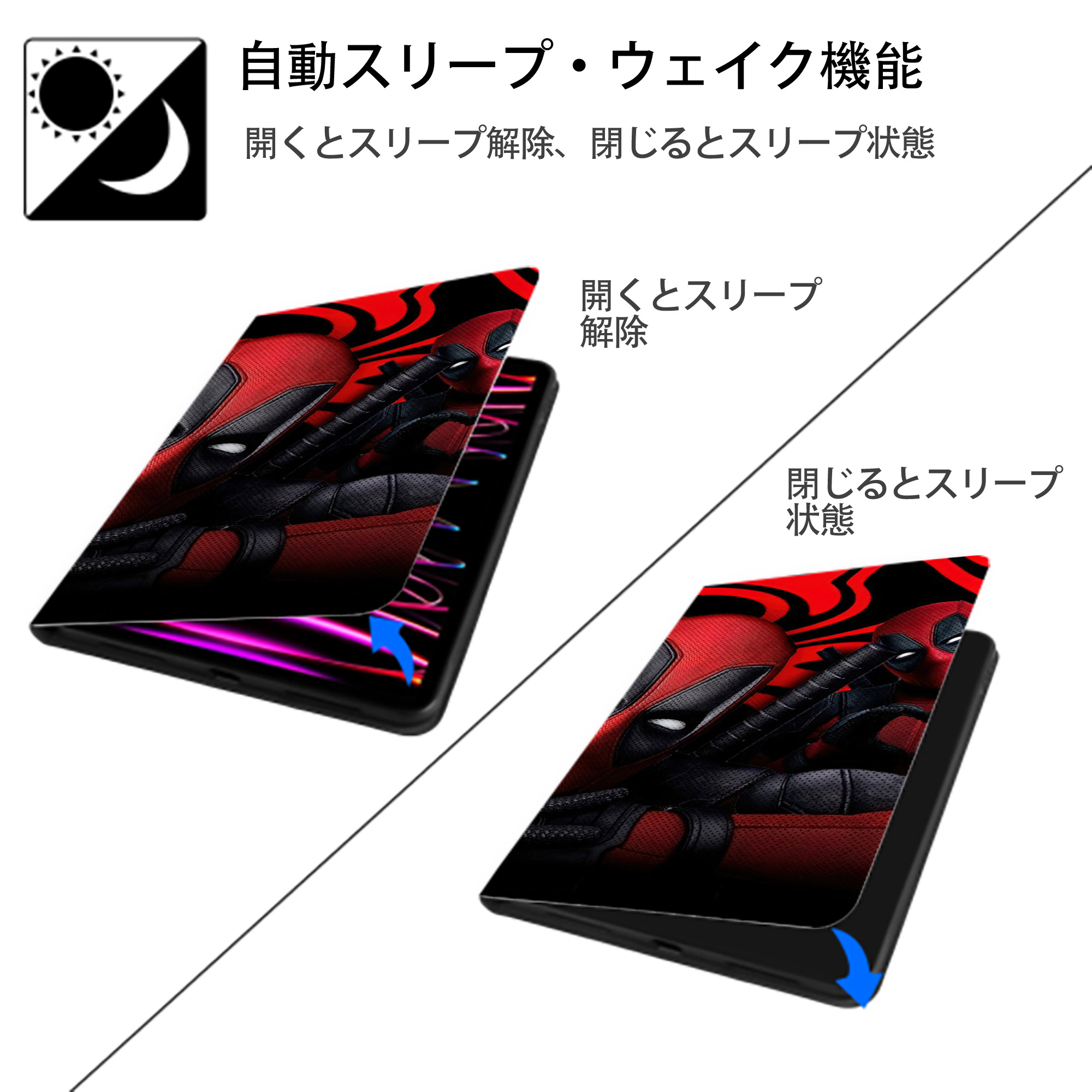 Deadpool デッドプール IPad ケース ブック型 PUレザー TPU 耐衝撃 軽量 薄型 ペン収納なし 全面保護 IPad 各モデル対応