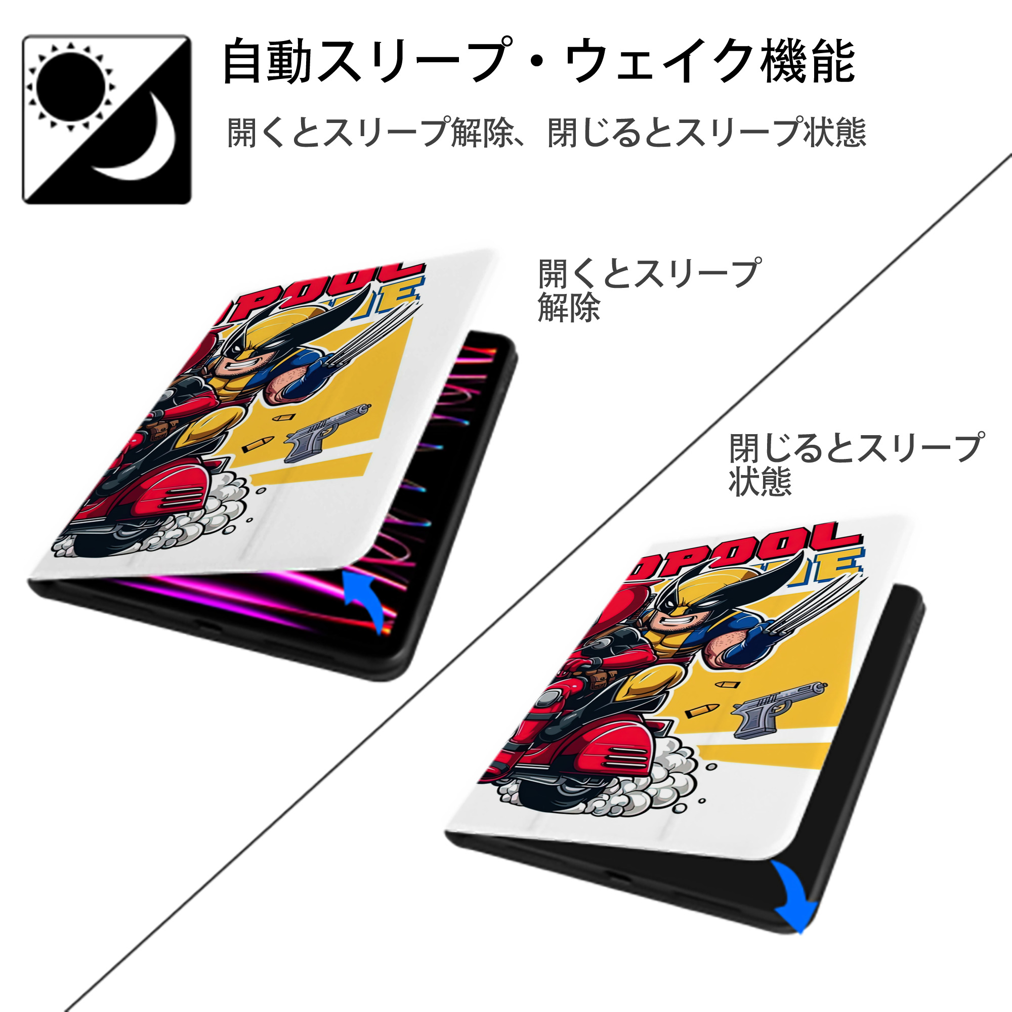 Deadpool デッドプール IPad ケース ブック型 PUレザー TPU 耐衝撃 軽量 薄型 ペン収納なし 全面保護 IPad 各モデル対応
