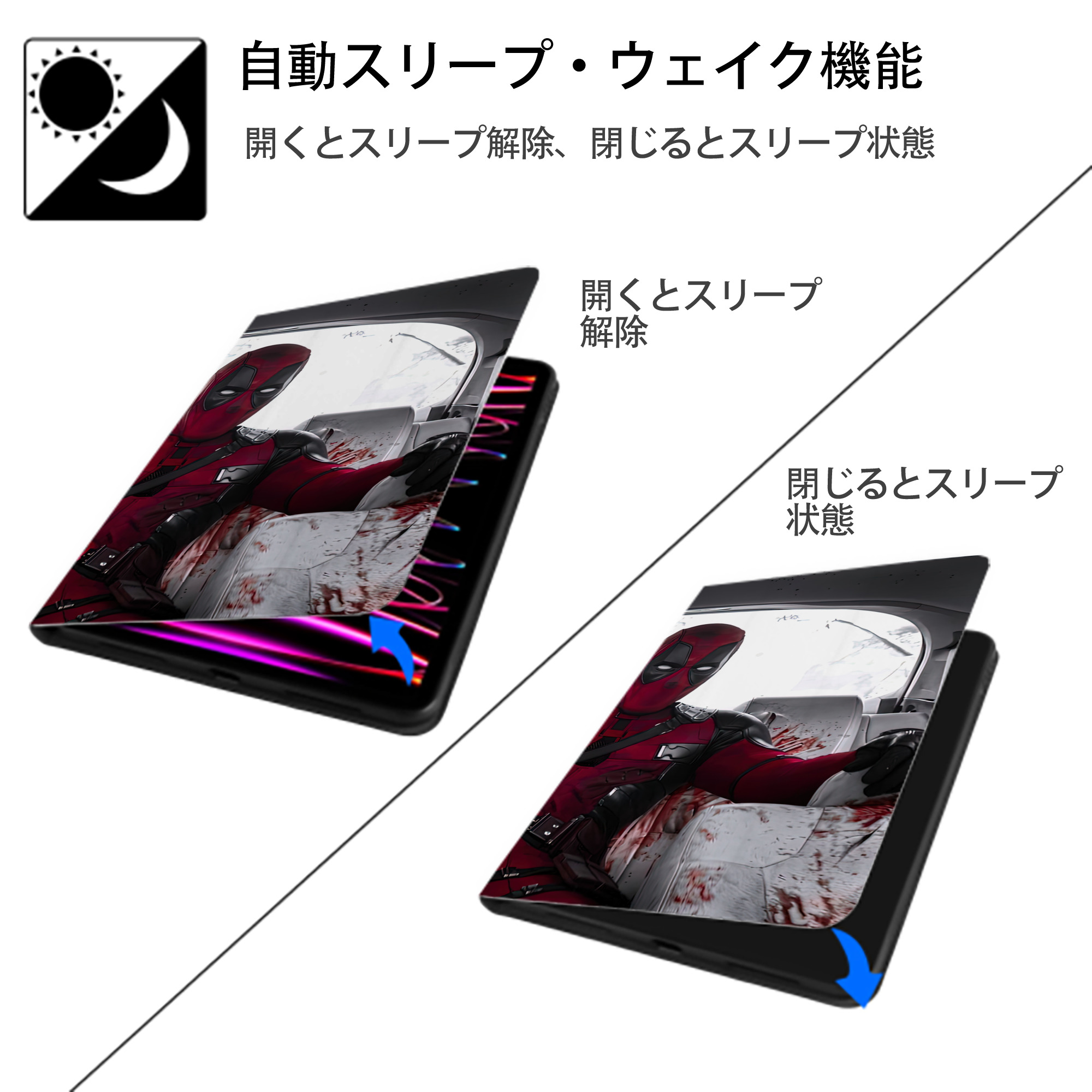 Deadpool デッドプール IPad ケース ブック型 PUレザー TPU 耐衝撃 軽量 薄型 ペン収納なし 全面保護 IPad 各モデル対応