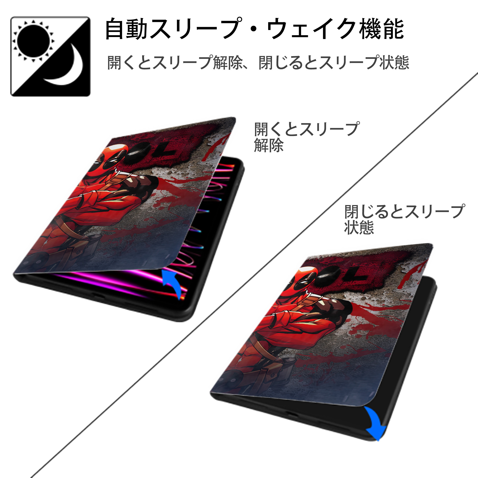 Deadpool デッドプール IPad ケース ブック型 PUレザー TPU 耐衝撃 軽量 薄型 ペン収納なし 全面保護 IPad 各モデル対応