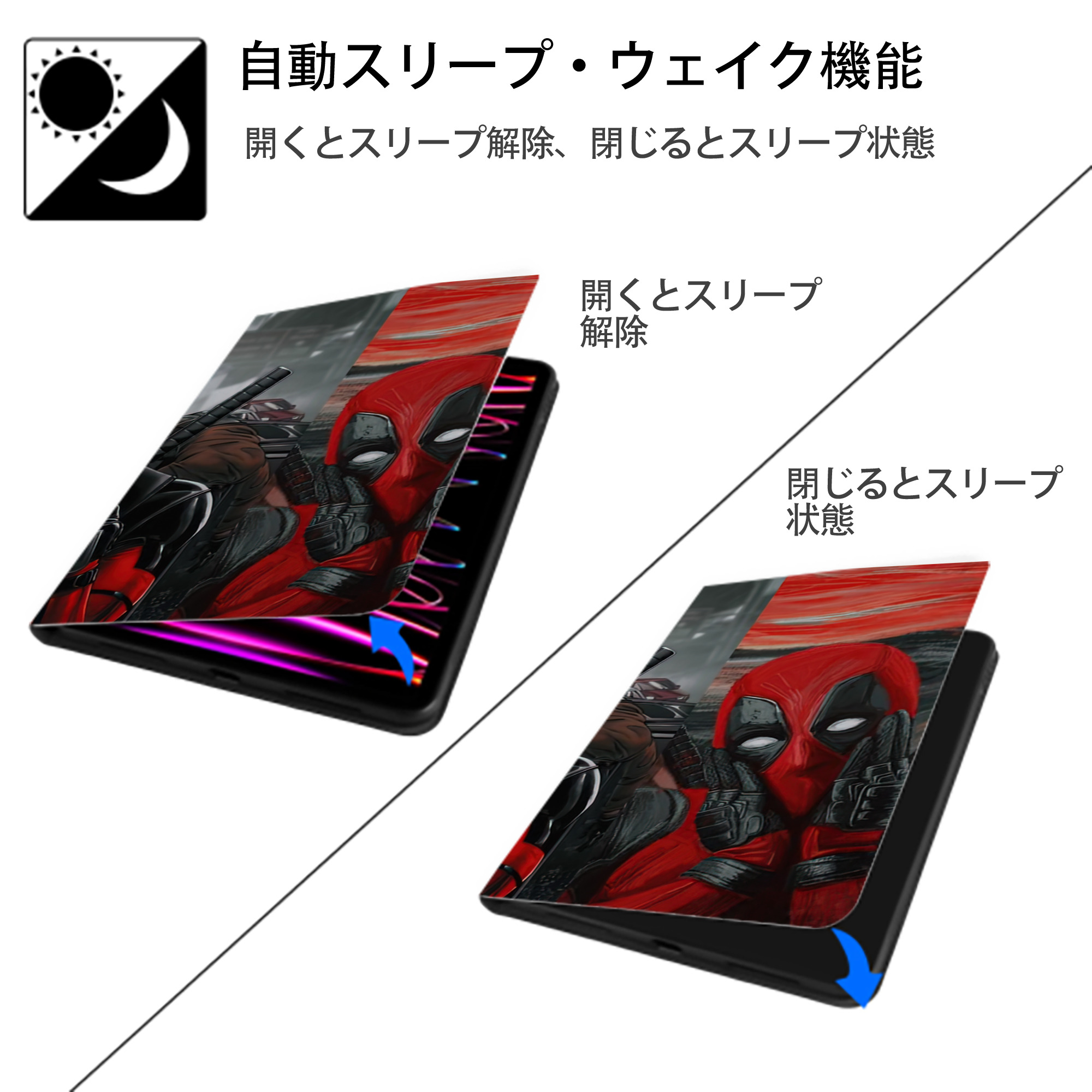 Deadpool デッドプール IPad ケース ブック型 PUレザー TPU 耐衝撃 軽量 薄型 ペン収納なし 全面保護 IPad 各モデル対応