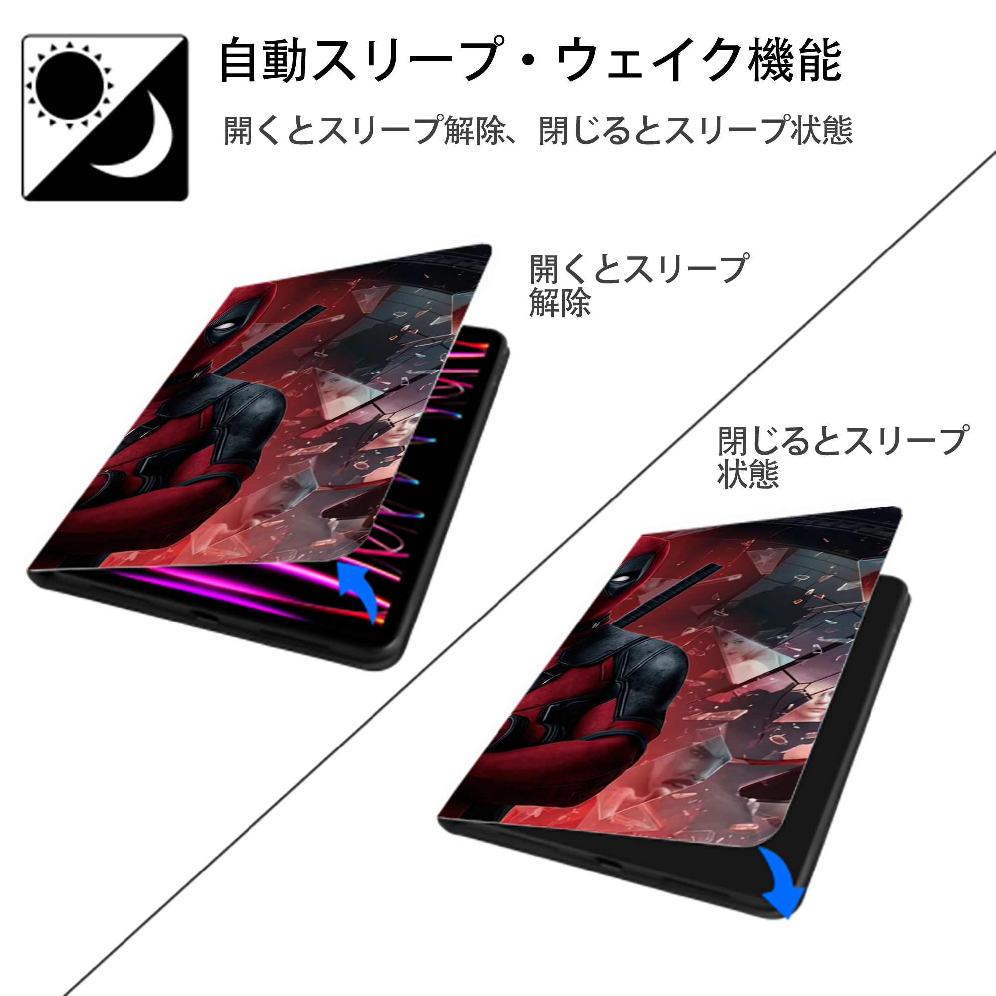 Deadpool デッドプール IPad ケース ブック型 PUレザー TPU 耐衝撃 軽量 薄型 ペン収納なし 全面保護 IPad 各モデル対応