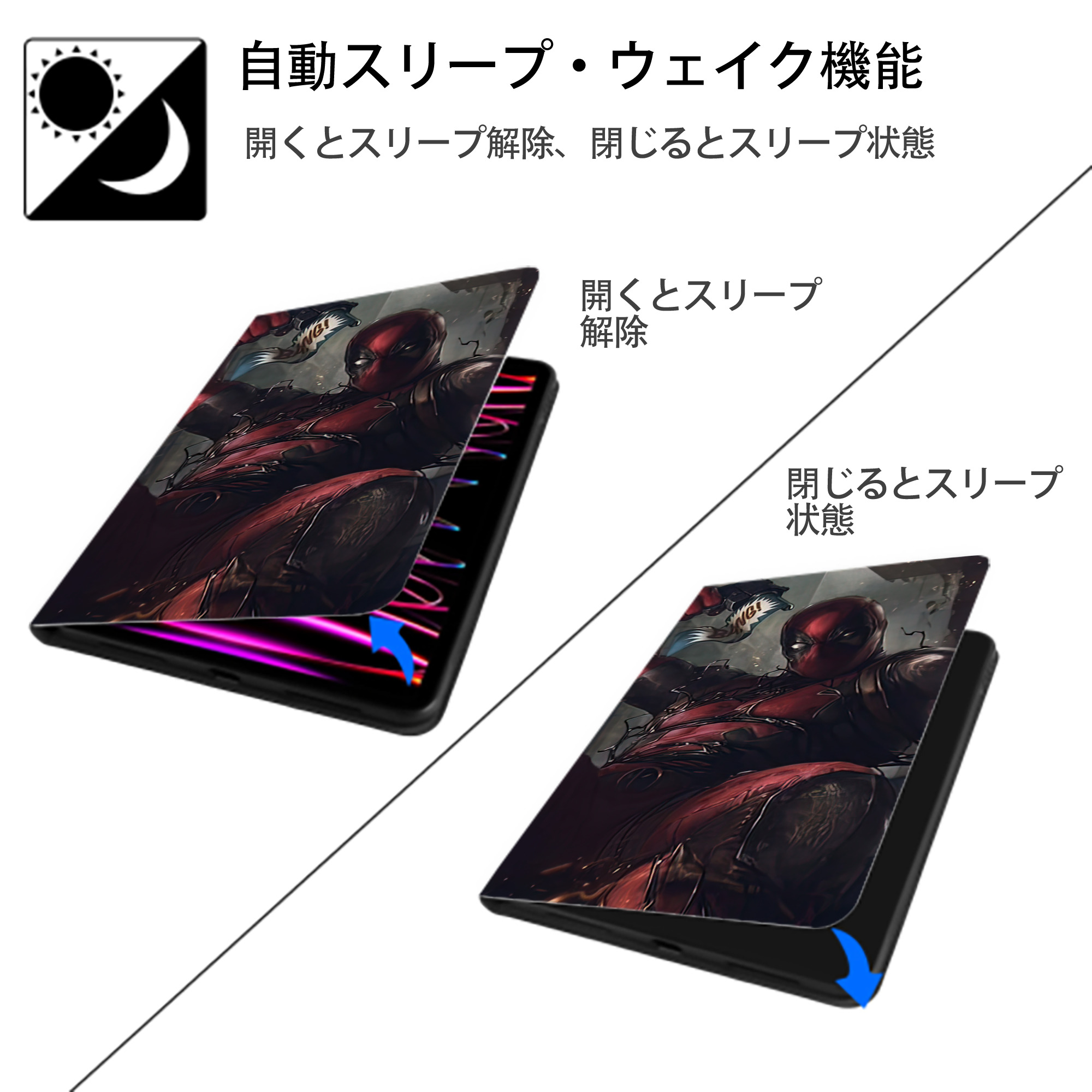Deadpool デッドプール IPad ケース ブック型 PUレザー TPU 耐衝撃 軽量 薄型 ペン収納なし 全面保護 IPad 各モデル対応