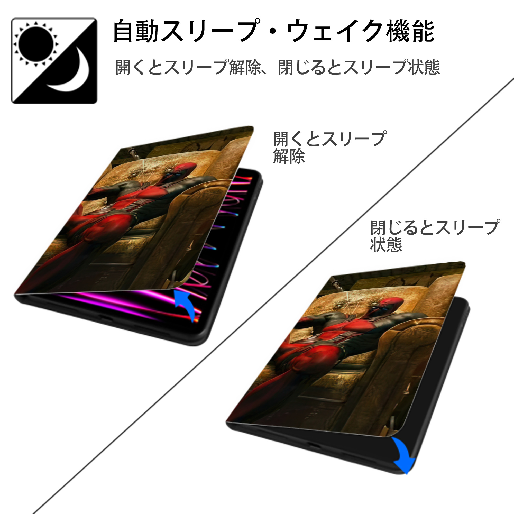 Deadpool デッドプール IPad ケース ブック型 PUレザー TPU 耐衝撃 軽量 薄型 ペン収納なし 全面保護 IPad 各モデル対応