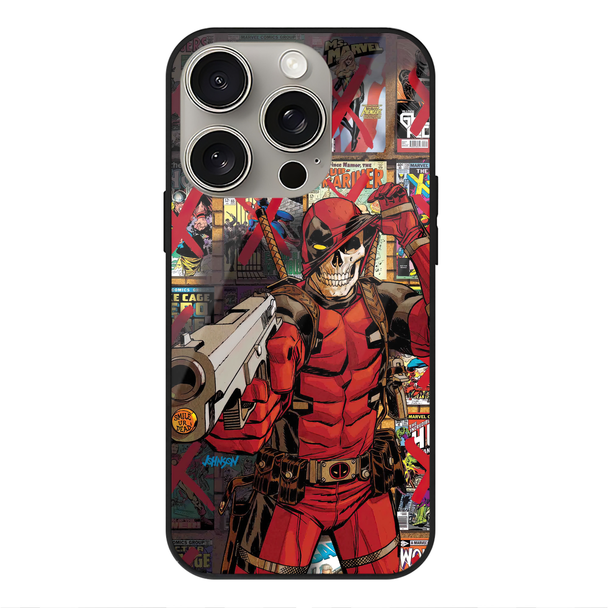 （画像用） Deadpool デッドプール 【iPhone15Pro対応】スマホケース 耐衝撃＆黄変防止 背面ガラス