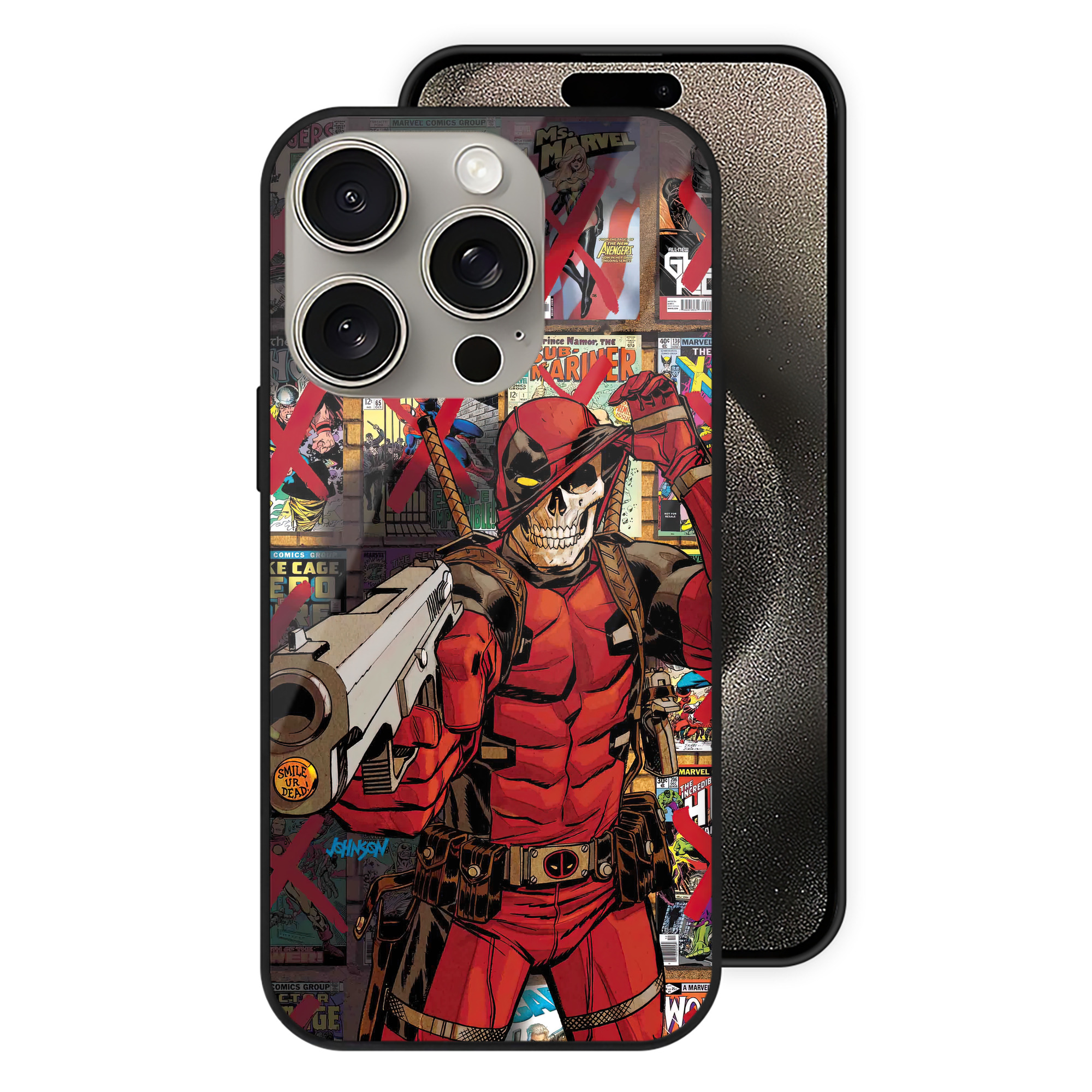 （画像用） Deadpool デッドプール 【iPhone15Pro対応】スマホケース 耐衝撃＆黄変防止 背面ガラス
