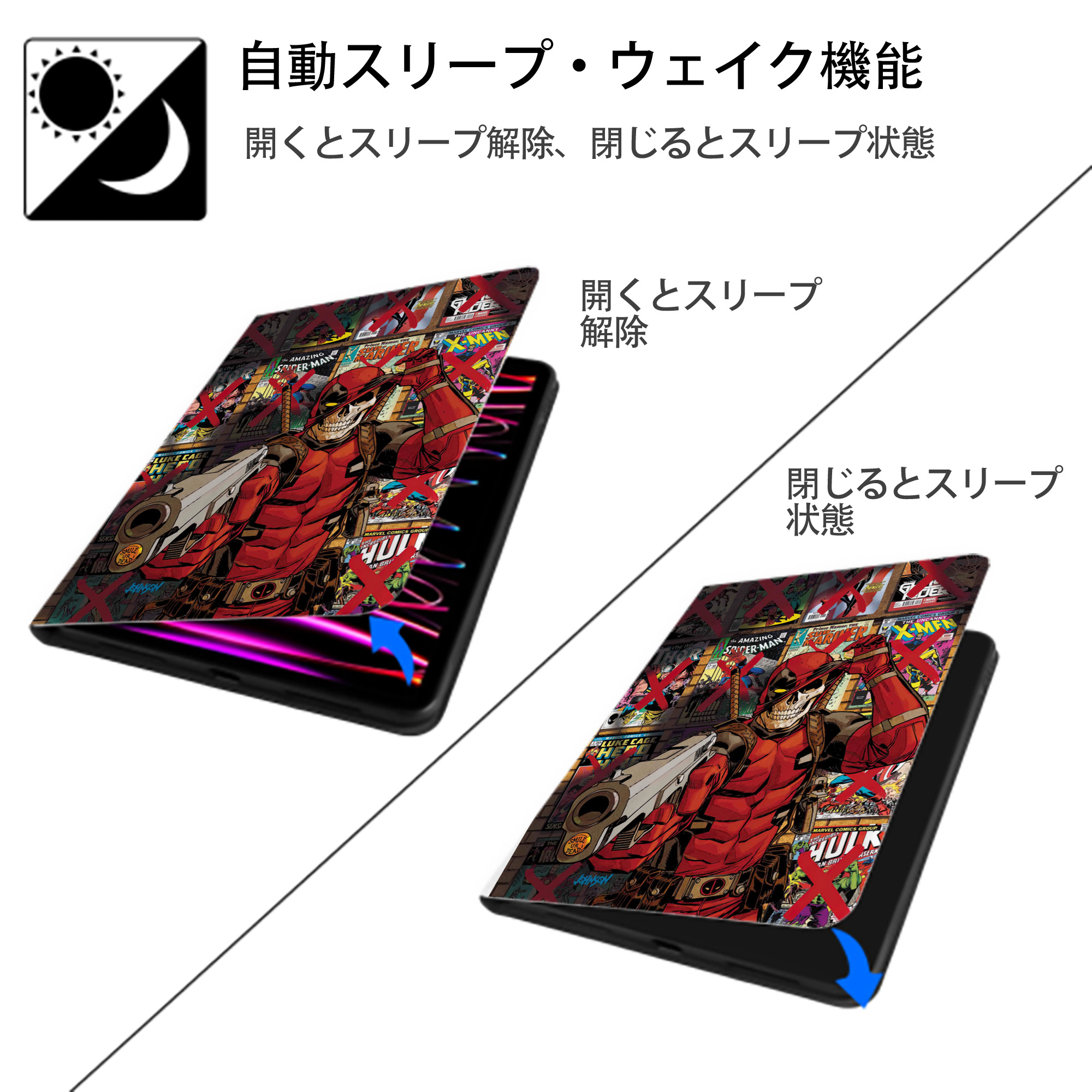 Deadpool デッドプール IPad ケース ペン収納付き 三つ折りスタンド PUレザー×シリコン 対応機種9.5/10.5/10.9インチ