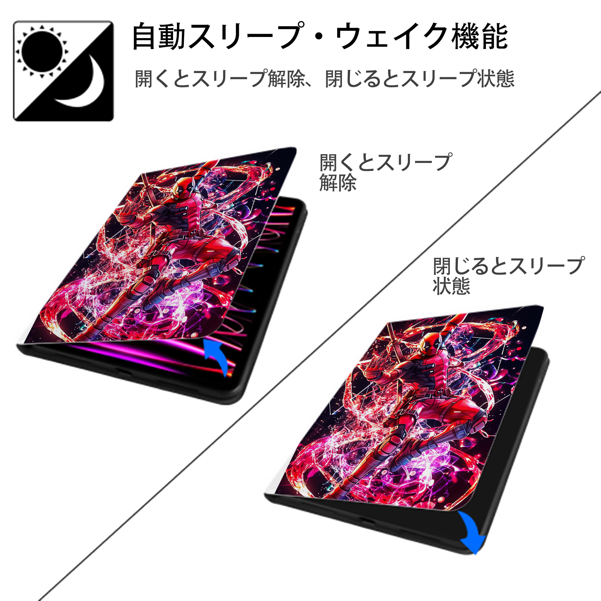Deadpool デッドプール IPad ケース ペン収納付き 三つ折りスタンド PUレザー×シリコン 対応機種9.5/10.5/10.9インチ