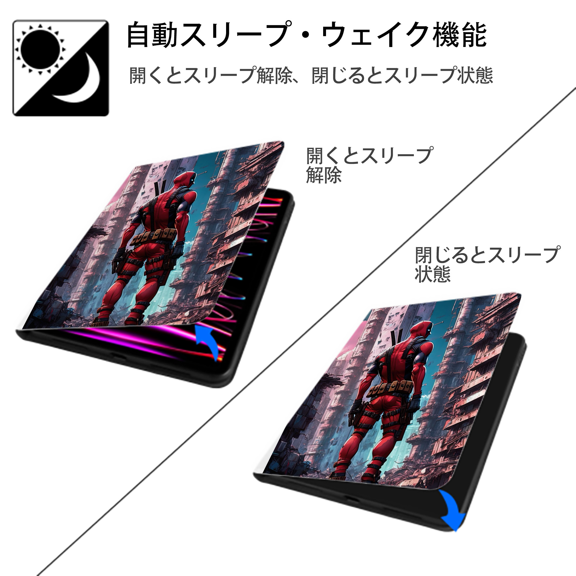 Deadpool デッドプール IPad ケース ペン収納付き 三つ折りスタンド PUレザー×シリコン 対応機種9.5/10.5/10.9インチ