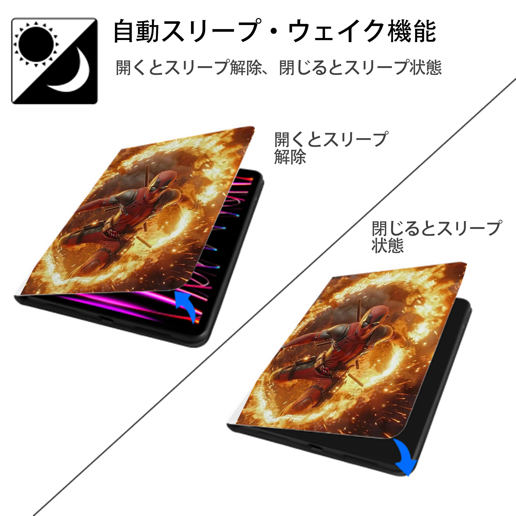 Deadpool デッドプール IPad ケース ペン収納付き 三つ折りスタンド PUレザー×シリコン 対応機種9.5/10.5/10.9インチ