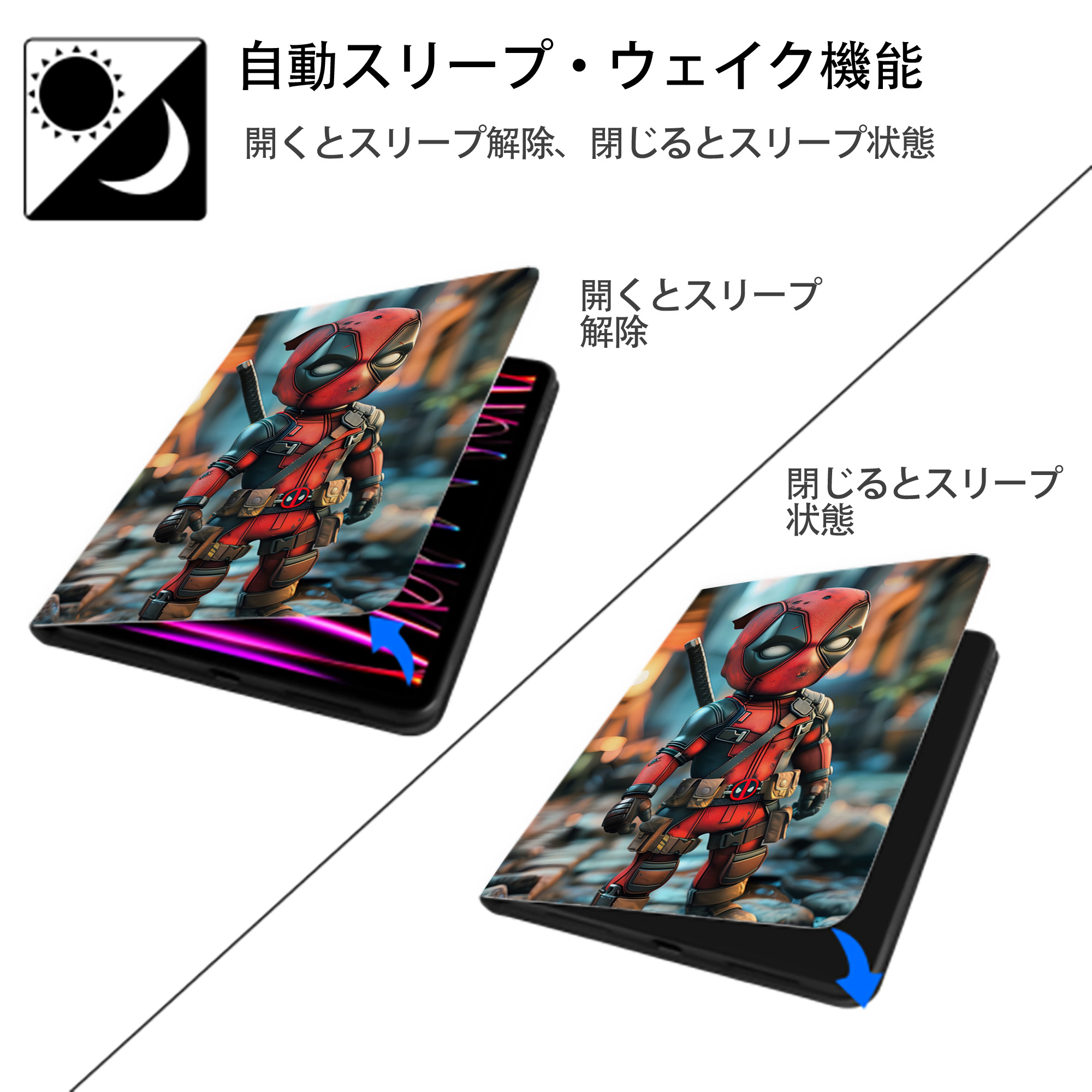 Deadpool デッドプール IPad ケース ペン収納付き 三つ折りスタンド PUレザー×シリコン 対応機種9.5/10.5/10.9インチ