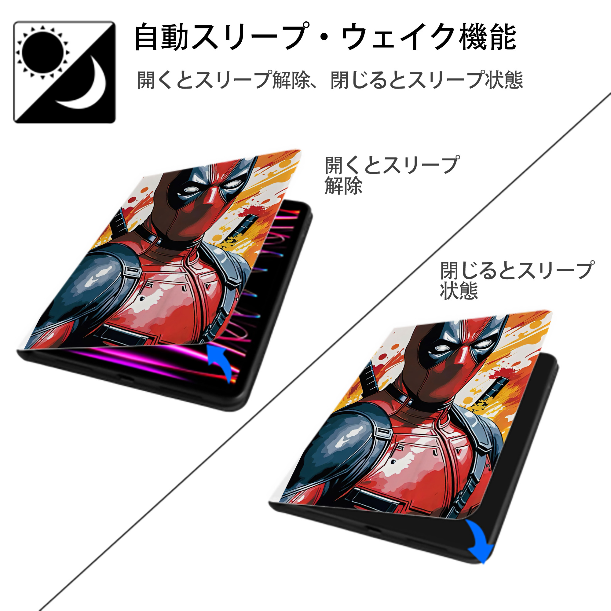 Deadpool デッドプール IPad ケース ペン収納付き 三つ折りスタンド PUレザー×シリコン 対応機種9.5/10.5/10.9インチ