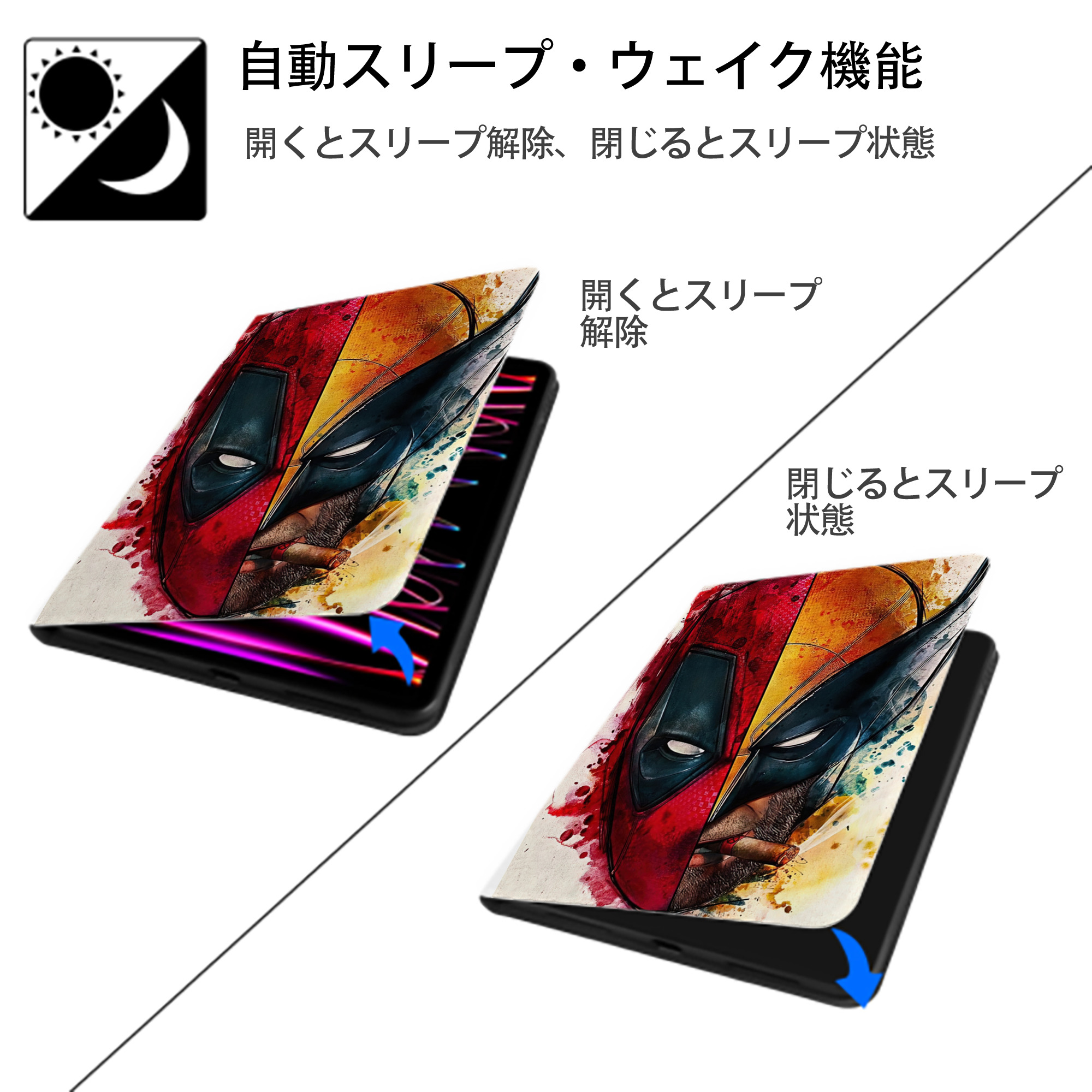 Deadpool デッドプール IPad ケース ペン収納付き 三つ折りスタンド PUレザー×シリコン 対応機種9.5/10.5/10.9インチ