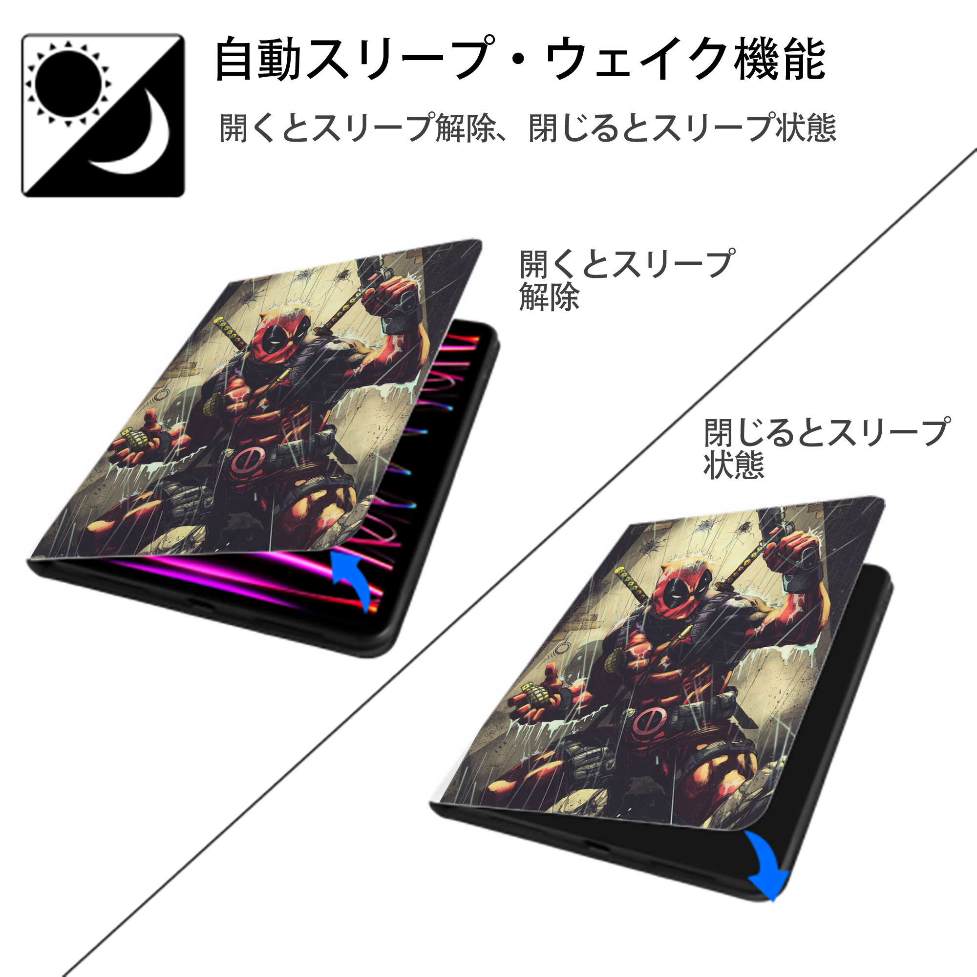 Deadpool デッドプール IPad ケース ペン収納付き 三つ折りスタンド PUレザー×シリコン 対応機種9.5/10.5/10.9インチ