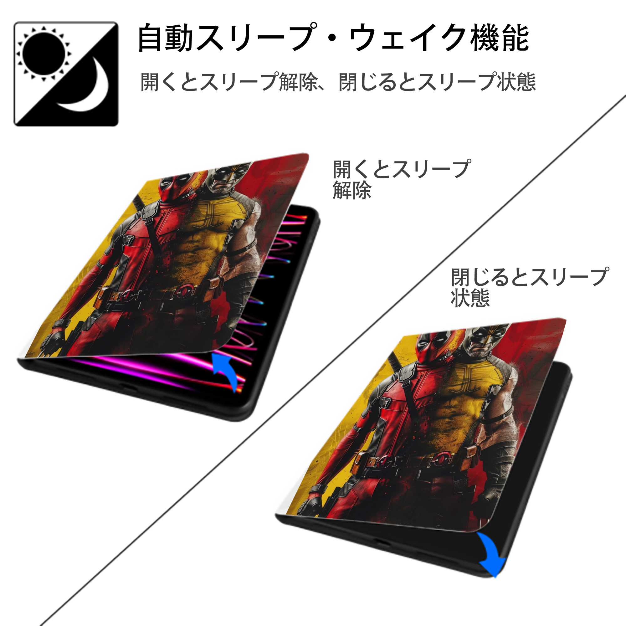Deadpool デッドプール IPad ケース ペン収納付き 三つ折りスタンド PUレザー×シリコン 対応機種9.5/10.5/10.9インチ