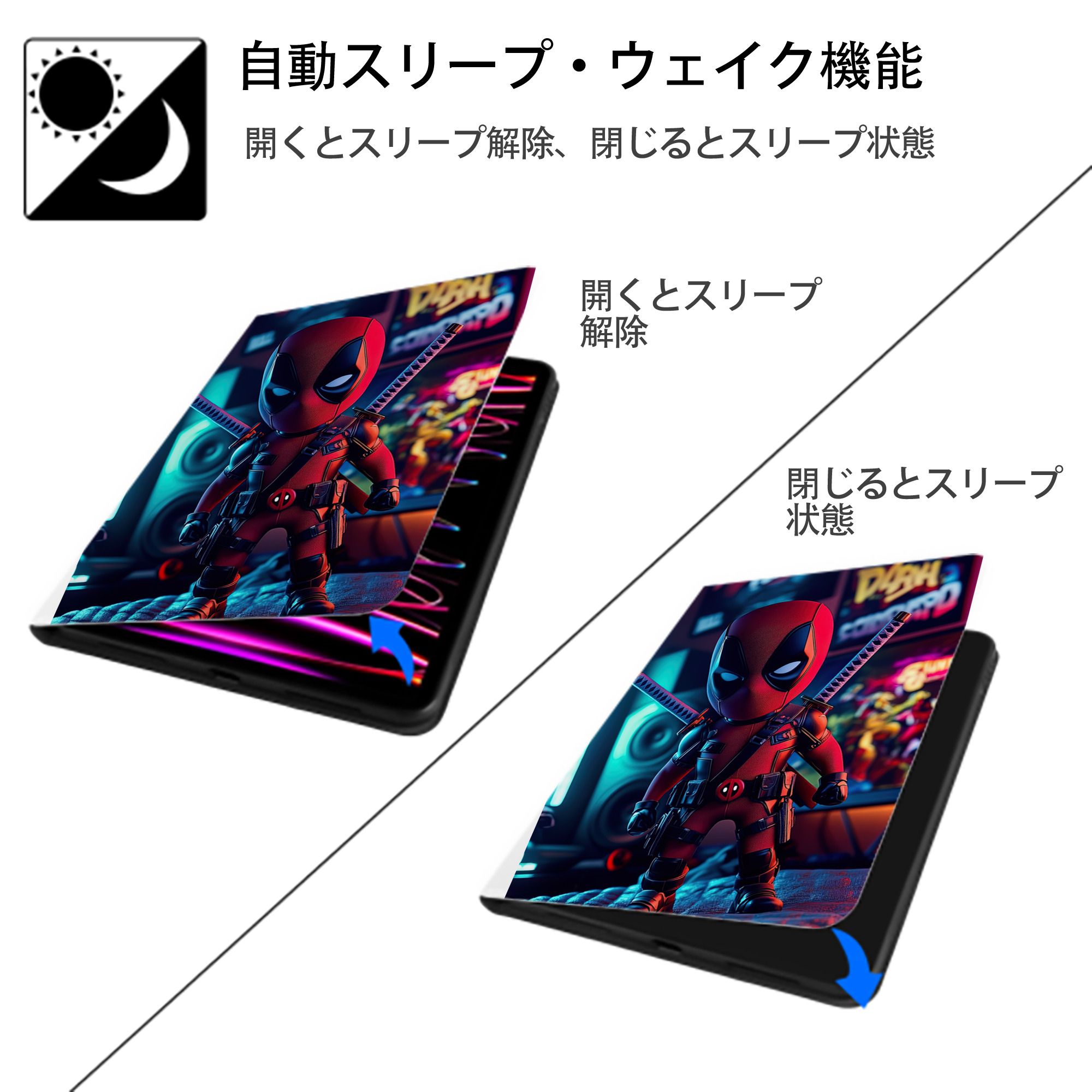 Deadpool デッドプール IPad ケース ペン収納付き 三つ折りスタンド PUレザー×シリコン 対応機種9.5/10.5/10.9インチ