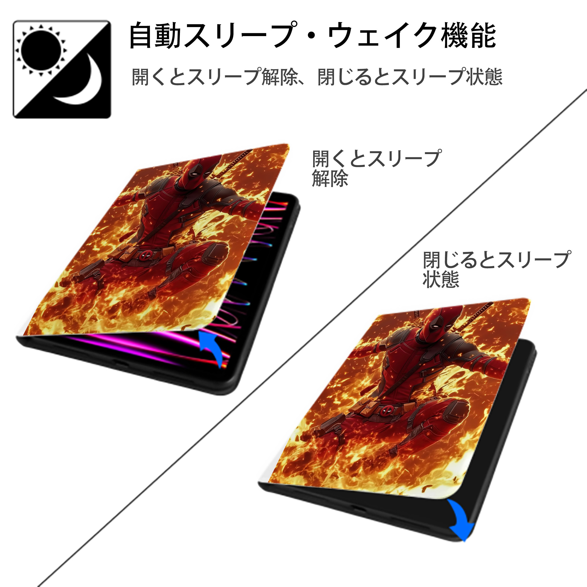 Deadpool デッドプール IPad ケース ペン収納付き 三つ折りスタンド PUレザー×シリコン 対応機種9.5/10.5/10.9インチ
