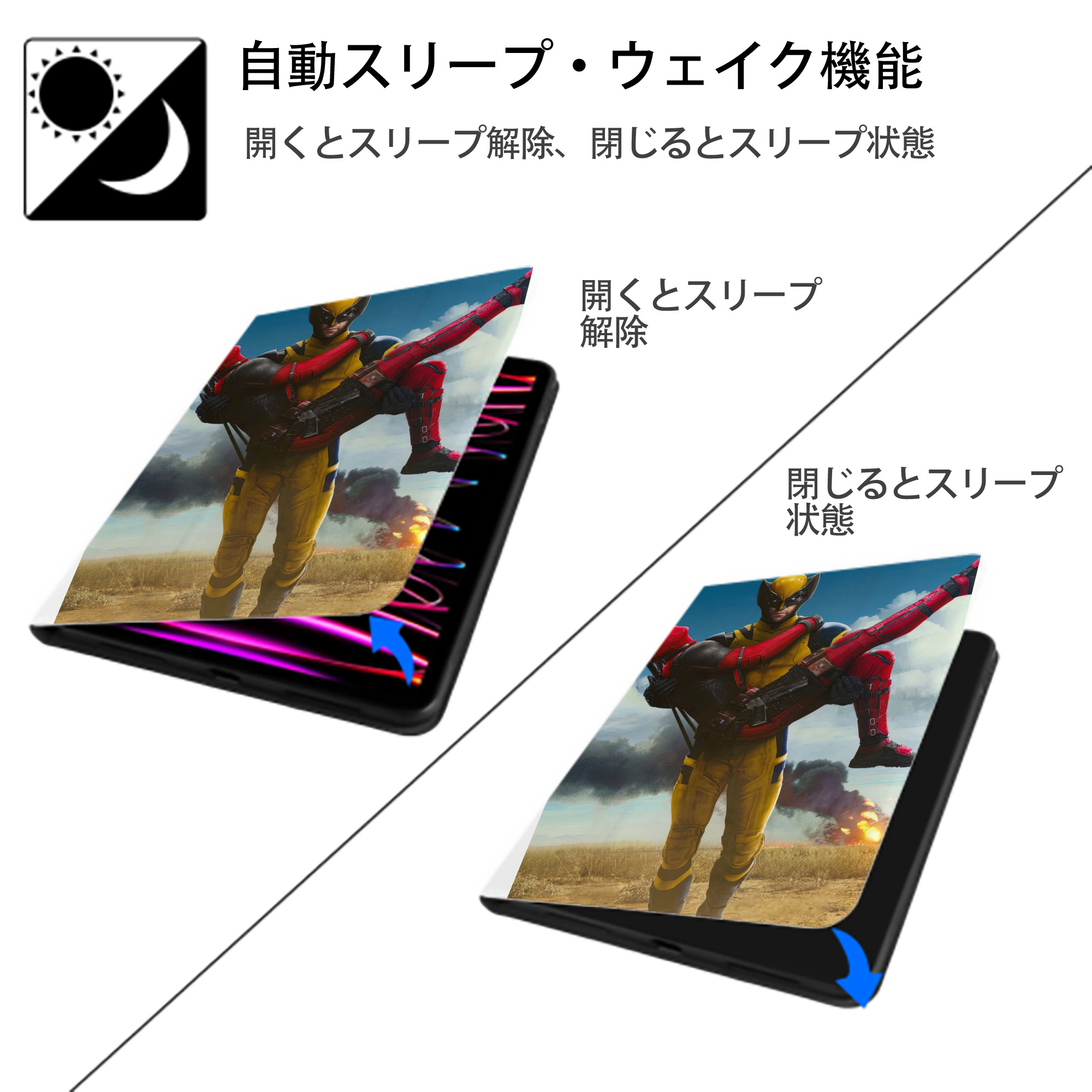 Deadpool デッドプール IPad ケース ペン収納付き 三つ折りスタンド PUレザー×シリコン 対応機種9.5/10.5/10.9インチ