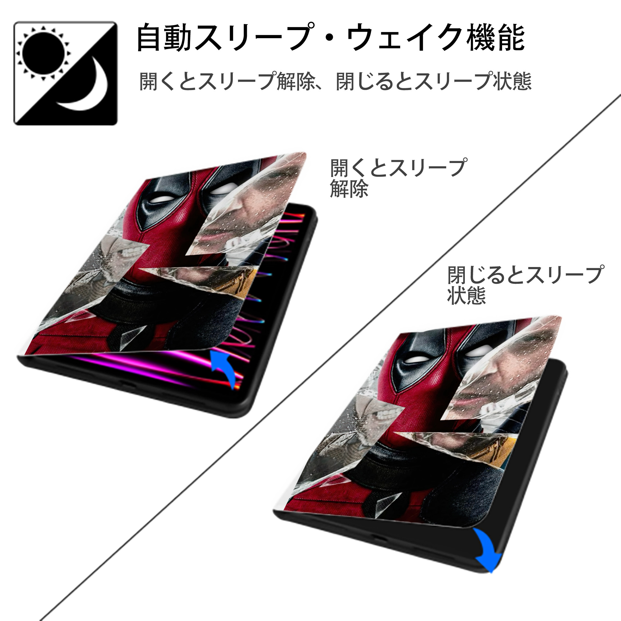 Deadpool デッドプール IPad ケース ペン収納付き 三つ折りスタンド PUレザー×シリコン 対応機種9.5/10.5/10.9インチ