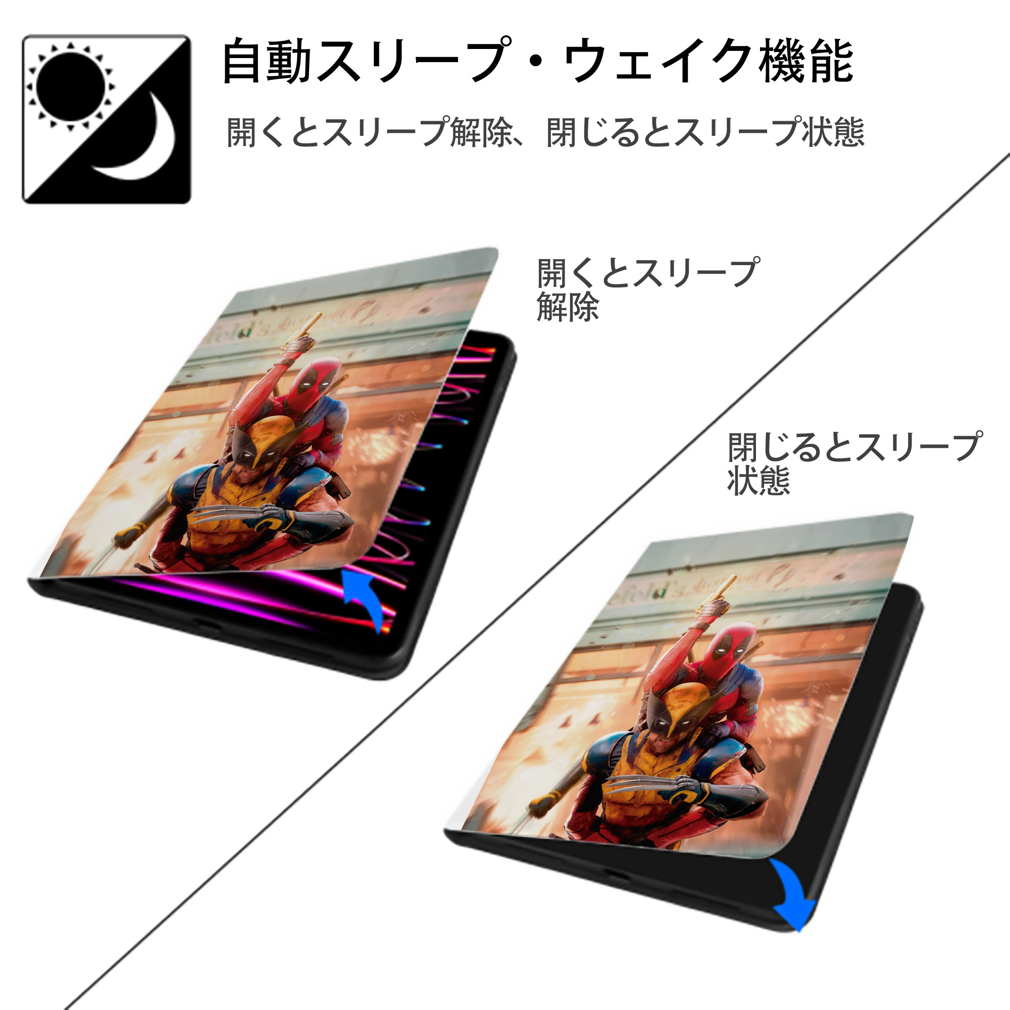 Deadpool デッドプール IPad ケース ペン収納付き 三つ折りスタンド PUレザー×シリコン 対応機種9.5/10.5/10.9インチ