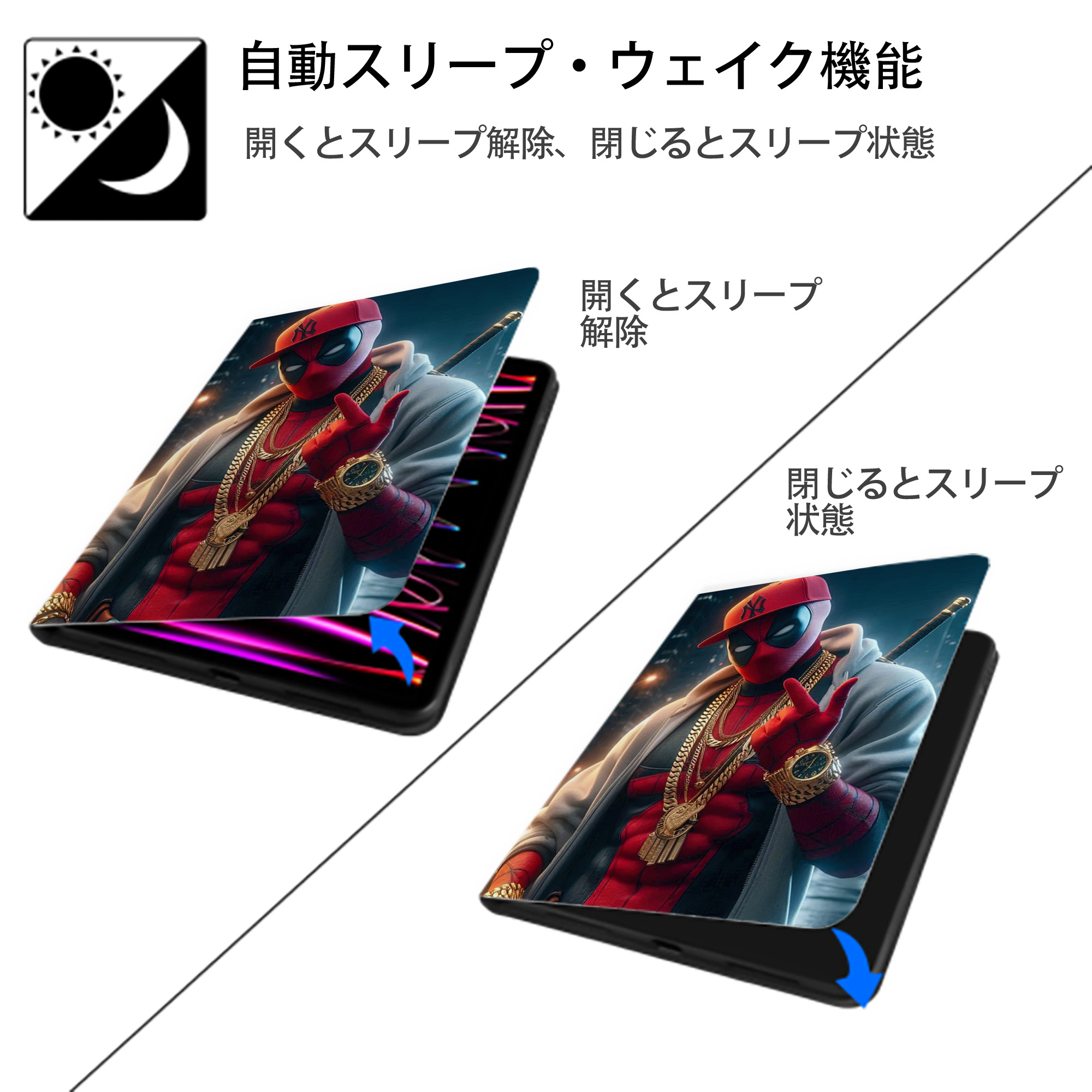 Deadpool デッドプール IPad ケース ペン収納付き 三つ折りスタンド PUレザー×シリコン 対応機種9.5/10.5/10.9インチ