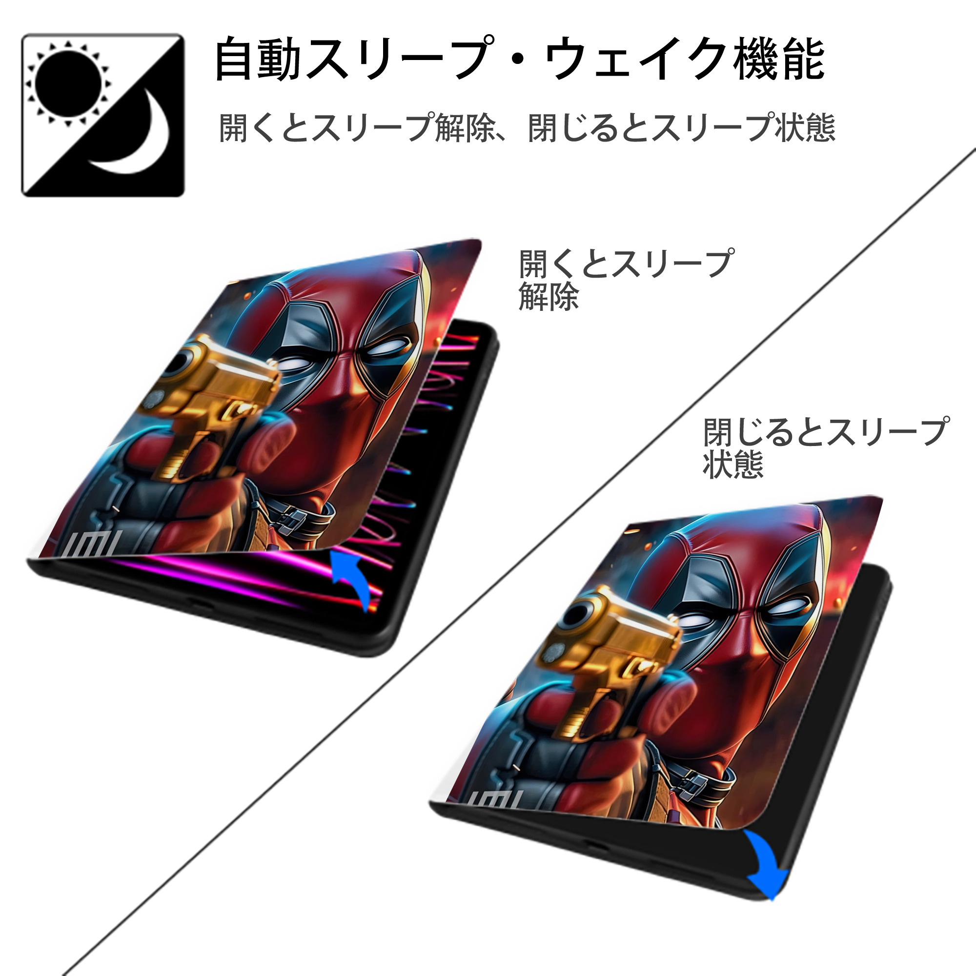 Deadpool デッドプール IPad ケース ペン収納付き 三つ折りスタンド PUレザー×シリコン 対応機種9.5/10.5/10.9インチ