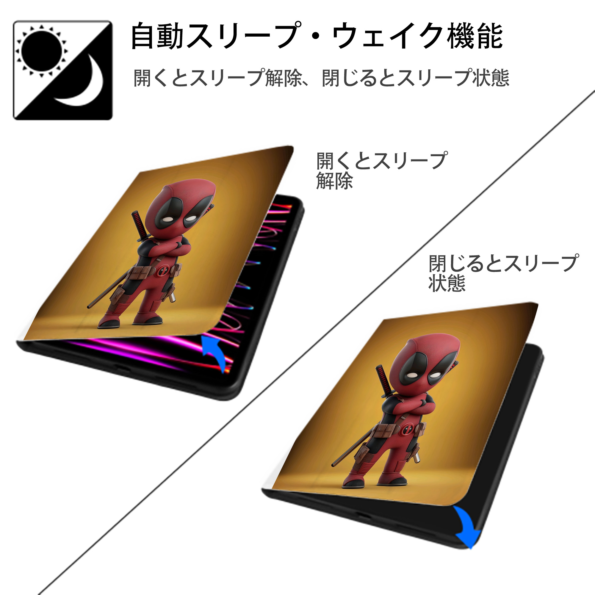 Deadpool デッドプール IPad ケース ペン収納付き 三つ折りスタンド PUレザー×シリコン 対応機種9.5/10.5/10.9インチ