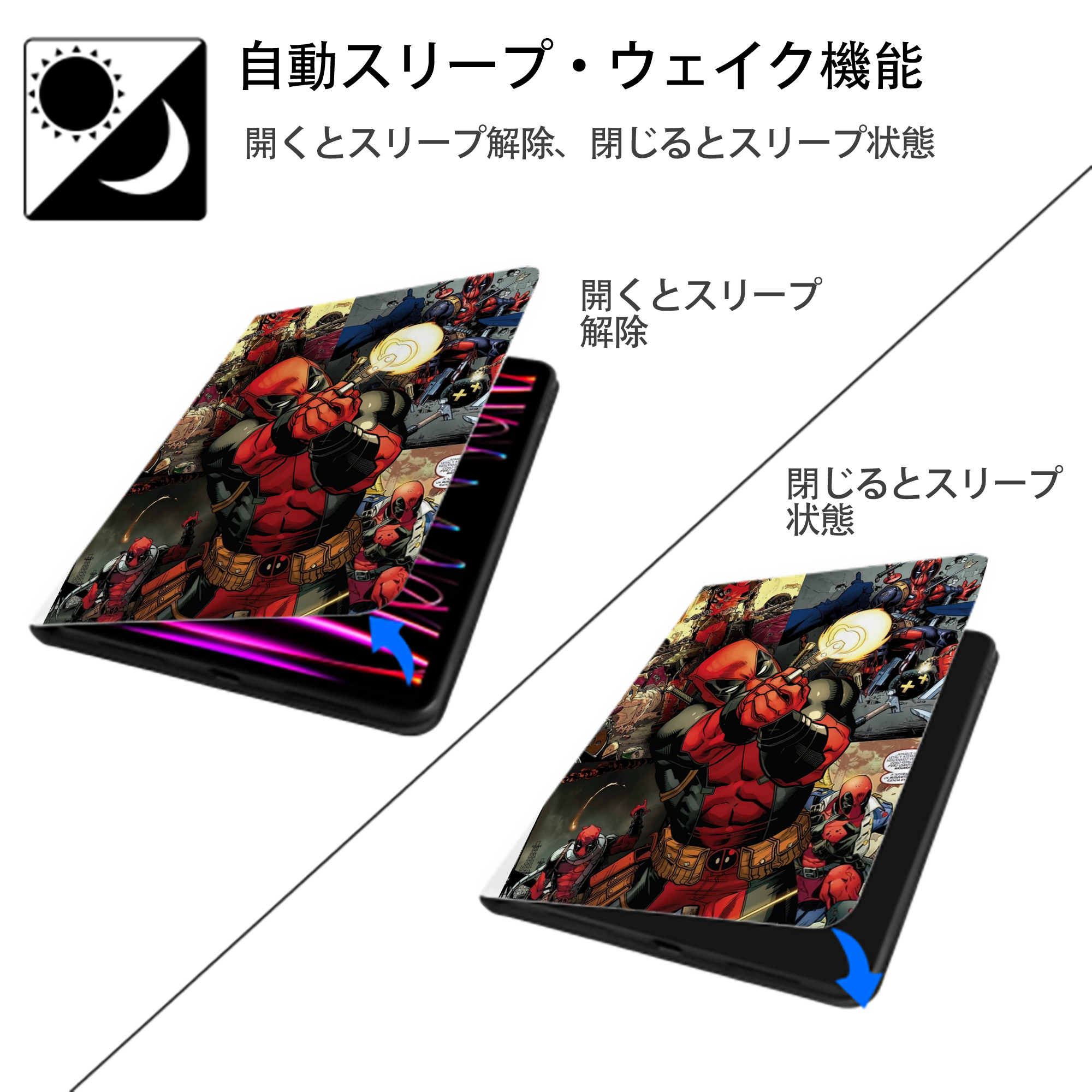 Deadpool デッドプール IPad ケース ペン収納付き 三つ折りスタンド PUレザー×シリコン 対応機種9.5/10.5/10.9インチ
