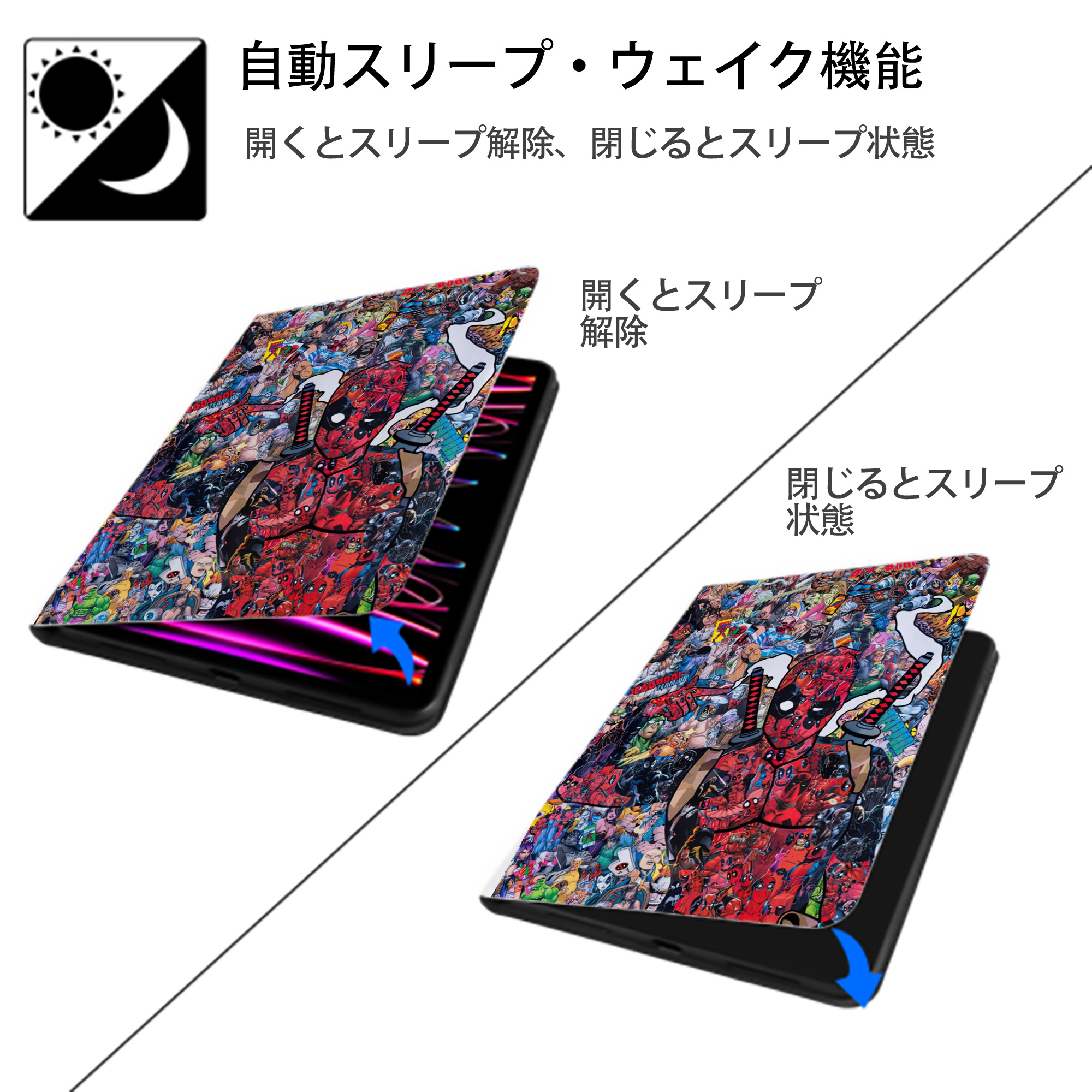 Deadpool デッドプール IPad ケース ペン収納付き 三つ折りスタンド PUレザー×シリコン 対応機種9.5/10.5/10.9インチ