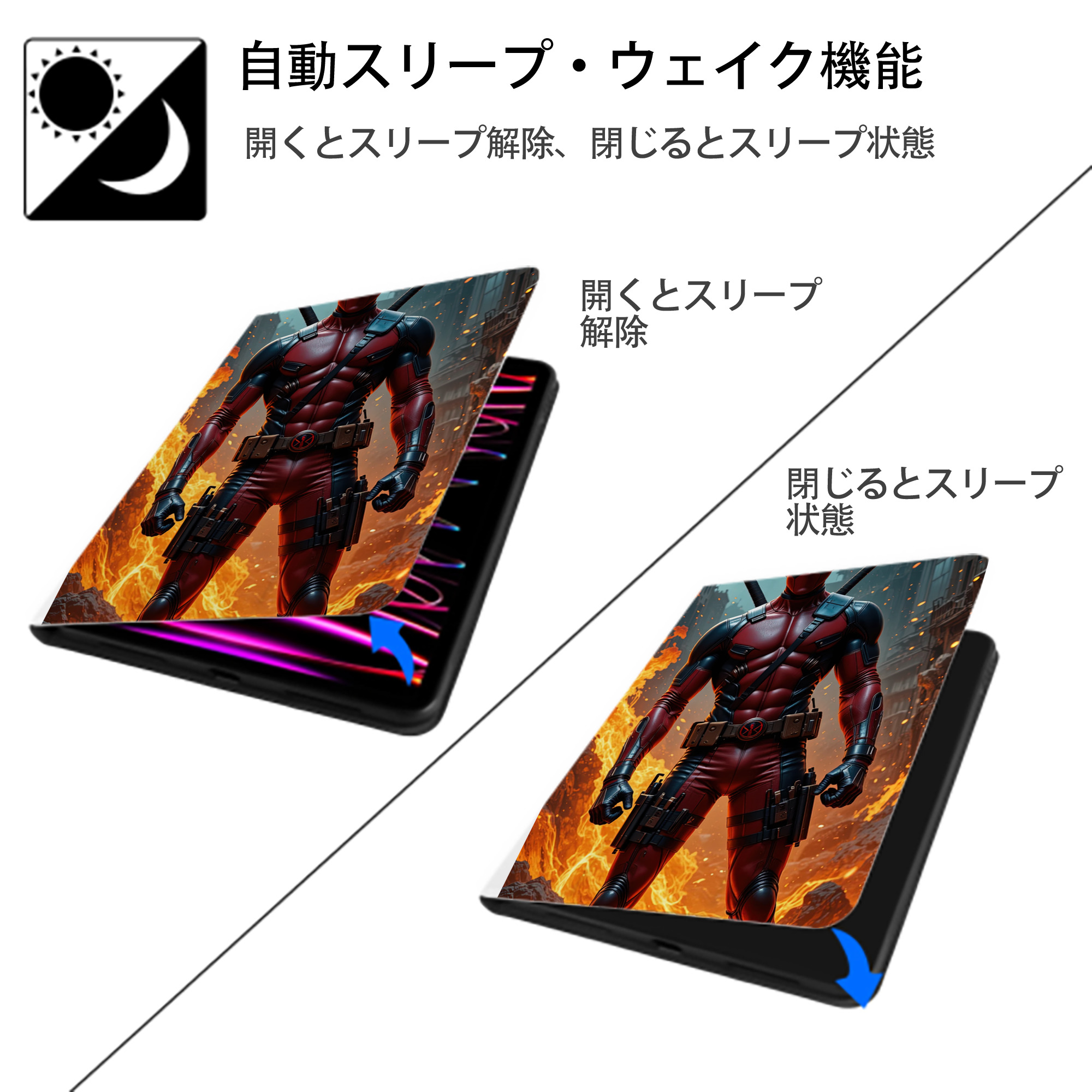 Deadpool デッドプール IPad ケース ペン収納付き 三つ折りスタンド PUレザー×シリコン 対応機種9.5/10.5/10.9インチ