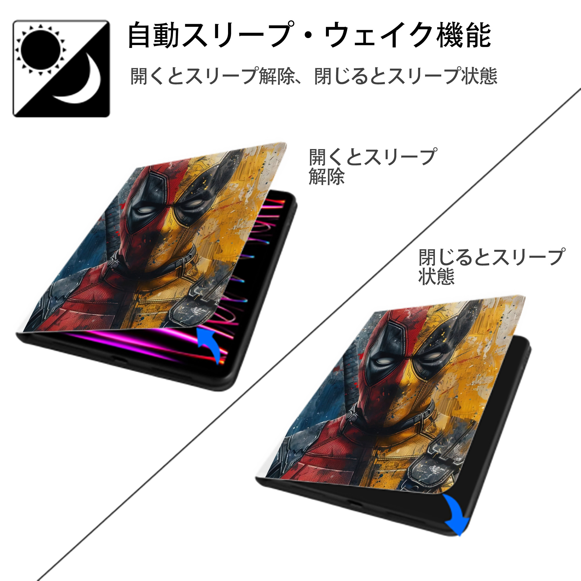 Deadpool デッドプール IPad ケース ペン収納付き 三つ折りスタンド PUレザー×シリコン 対応機種9.5/10.5/10.9インチ