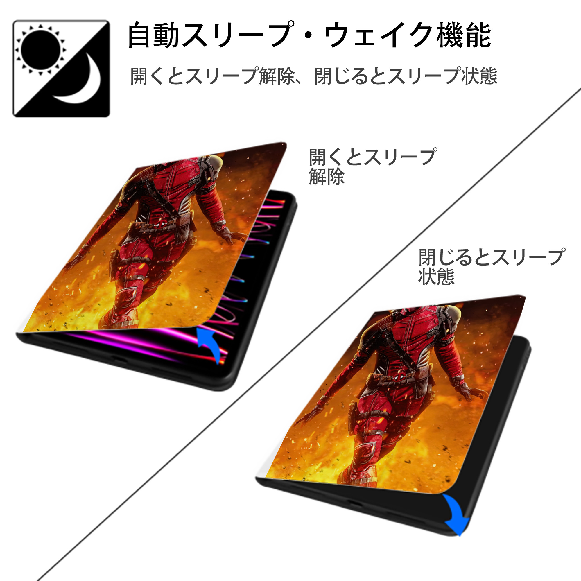 Deadpool デッドプール IPad ケース ペン収納付き 三つ折りスタンド PUレザー×シリコン 対応機種9.5/10.5/10.9インチ