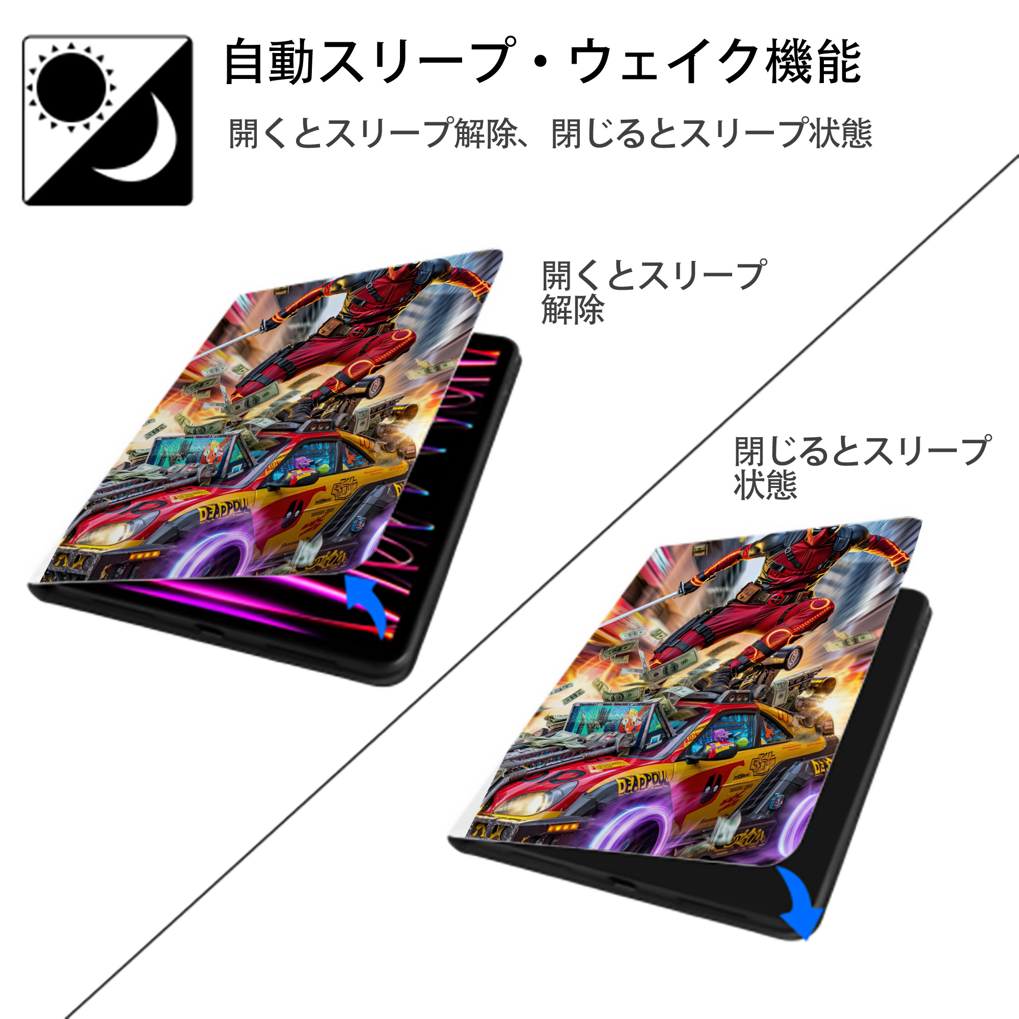 Deadpool デッドプール IPad ケース ペン収納付き 三つ折りスタンド PUレザー×シリコン 対応機種9.5/10.5/10.9インチ