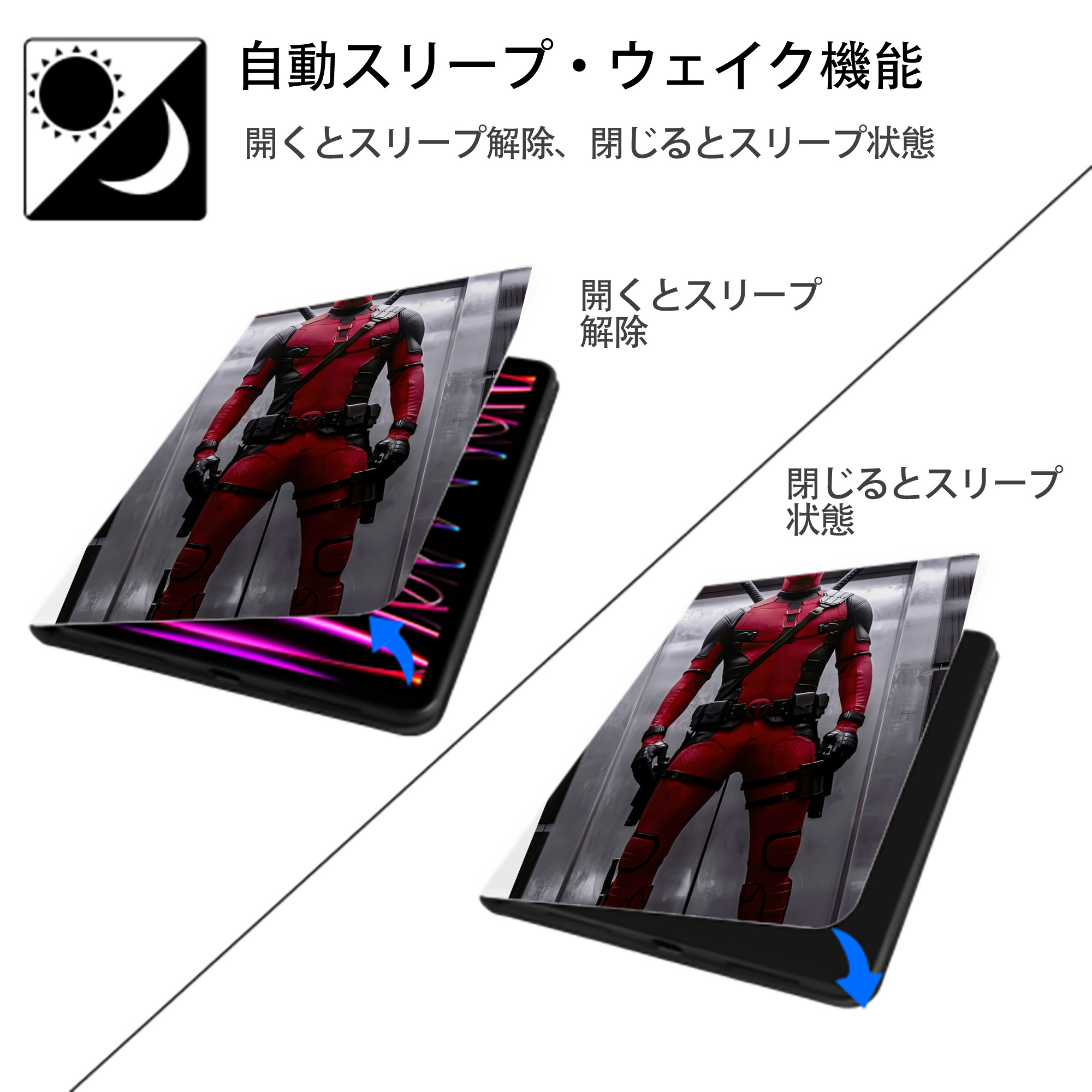 Deadpool デッドプール IPad ケース ペン収納付き 三つ折りスタンド PUレザー×シリコン 対応機種9.5/10.5/10.9インチ
