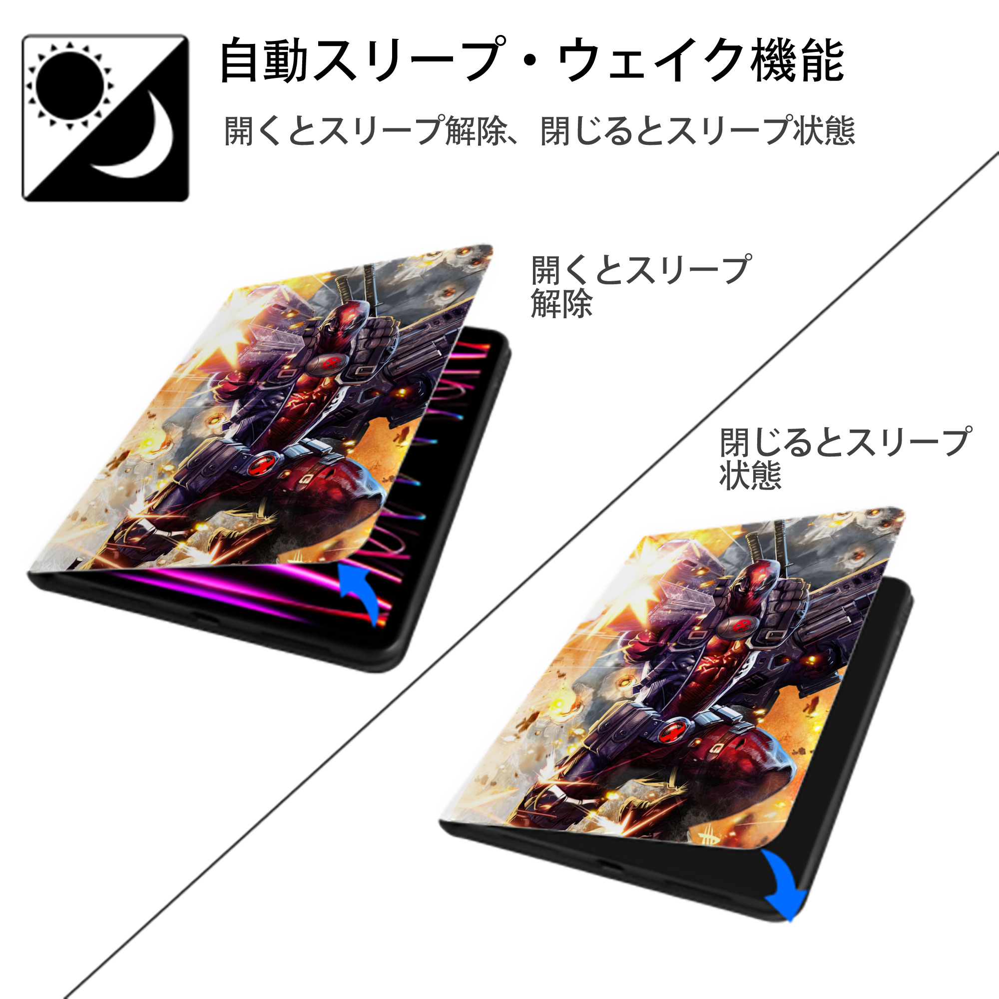 Deadpool デッドプール IPad ケース ペン収納付き 三つ折りスタンド PUレザー×シリコン 対応機種9.5/10.5/10.9インチ