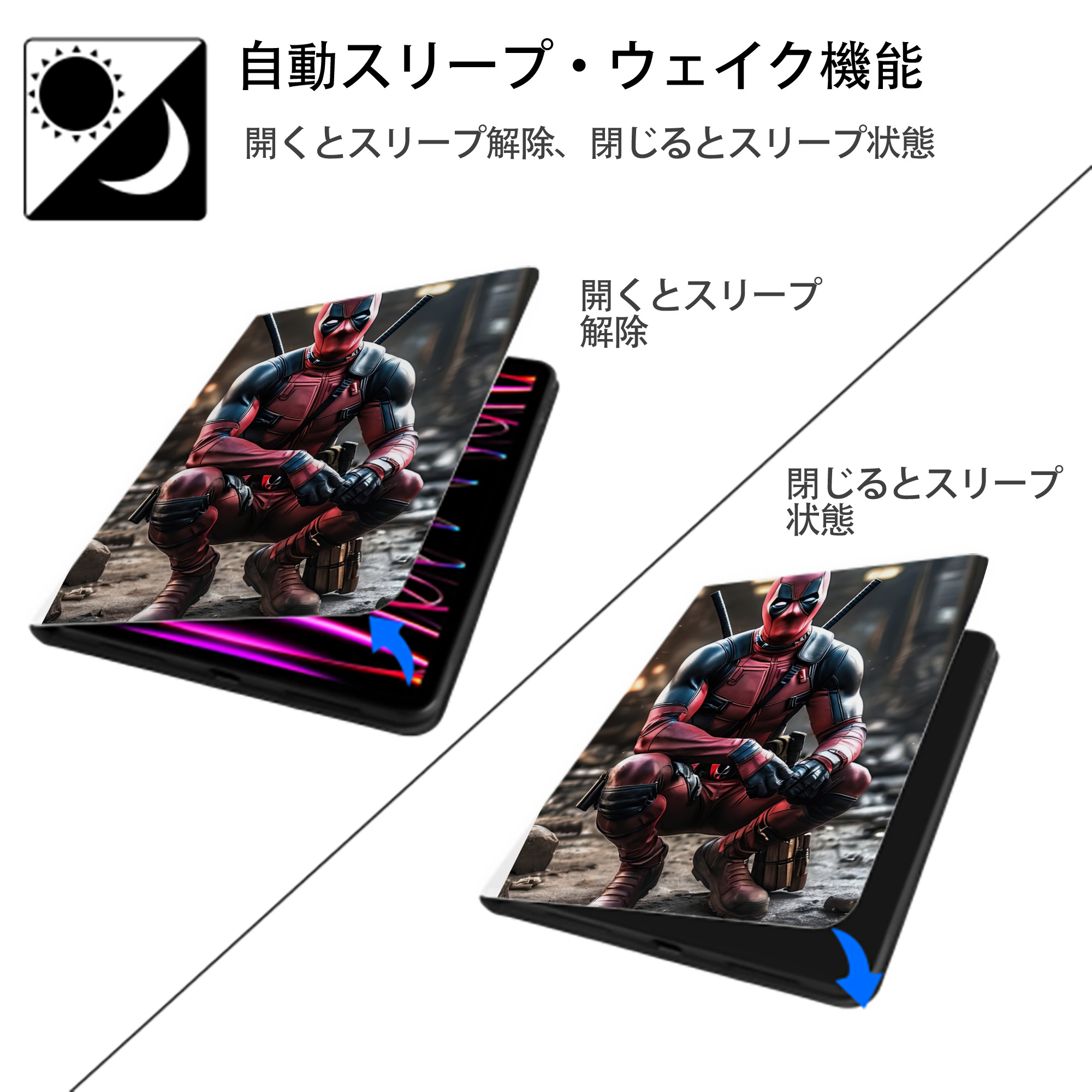 Deadpool デッドプール IPad ケース ペン収納付き 三つ折りスタンド PUレザー×シリコン 対応機種9.5/10.5/10.9インチ
